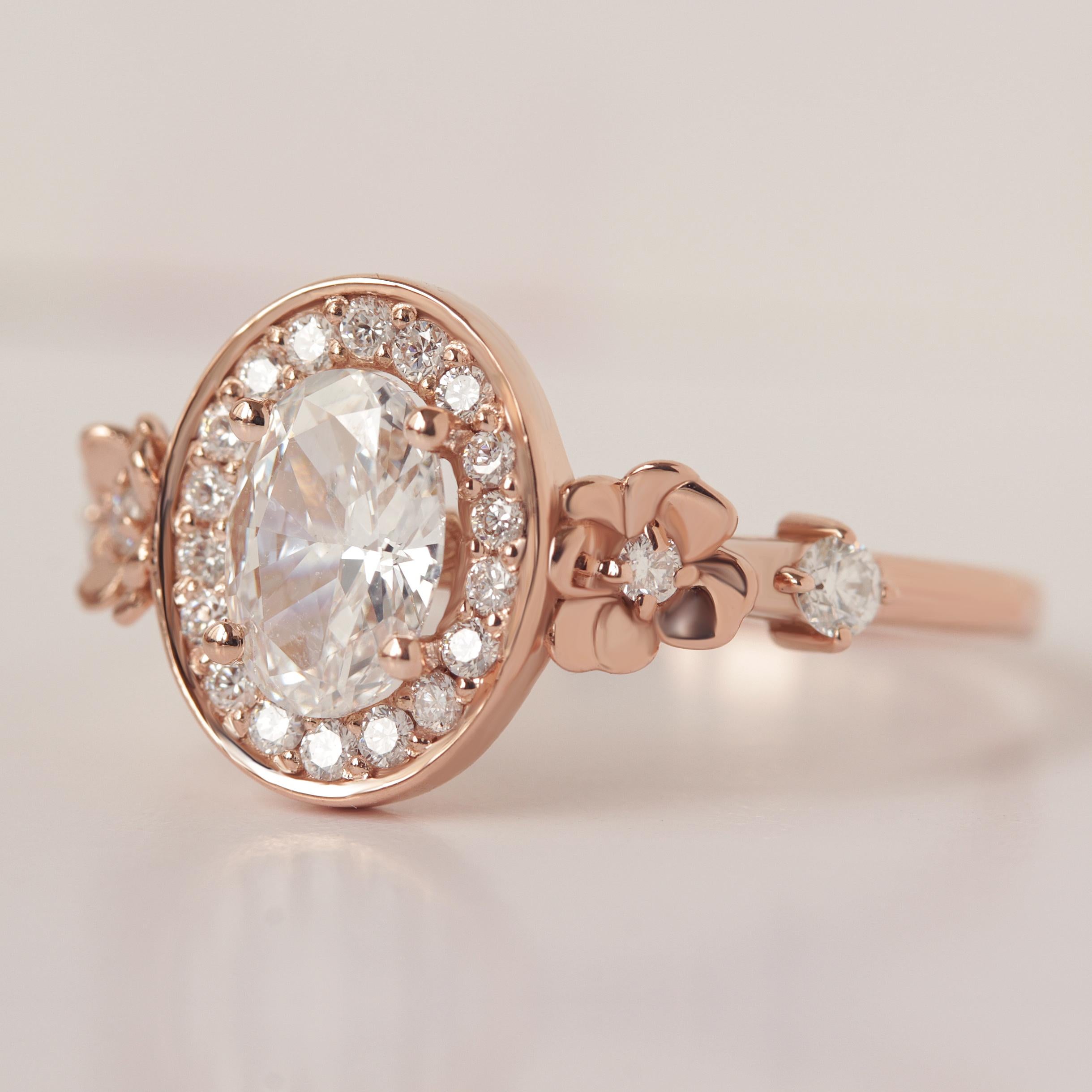 Art Deco Oval Halo Diamond Floral Engagement Ring - 