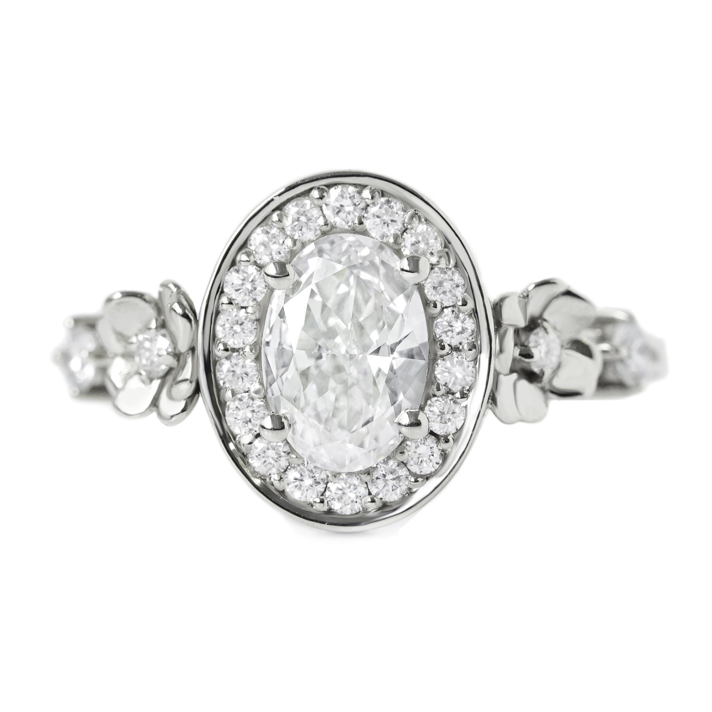 Oval Halo Diamond Floral Engagement Ring - 
