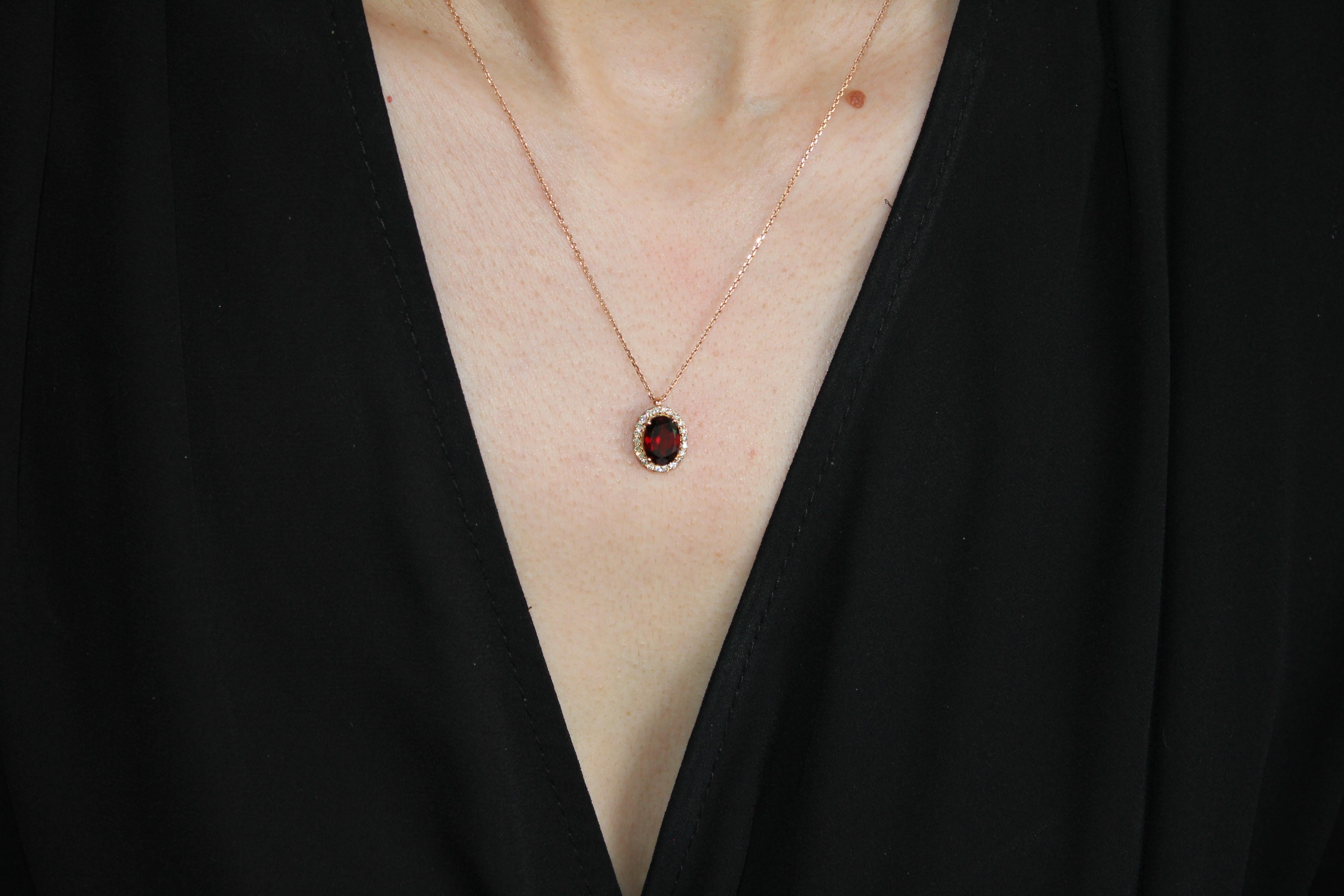 Oval Cut Oval Halo Red Garnet Diamond 18 Karat Rose Gold Pendant Chain Necklace For Sale