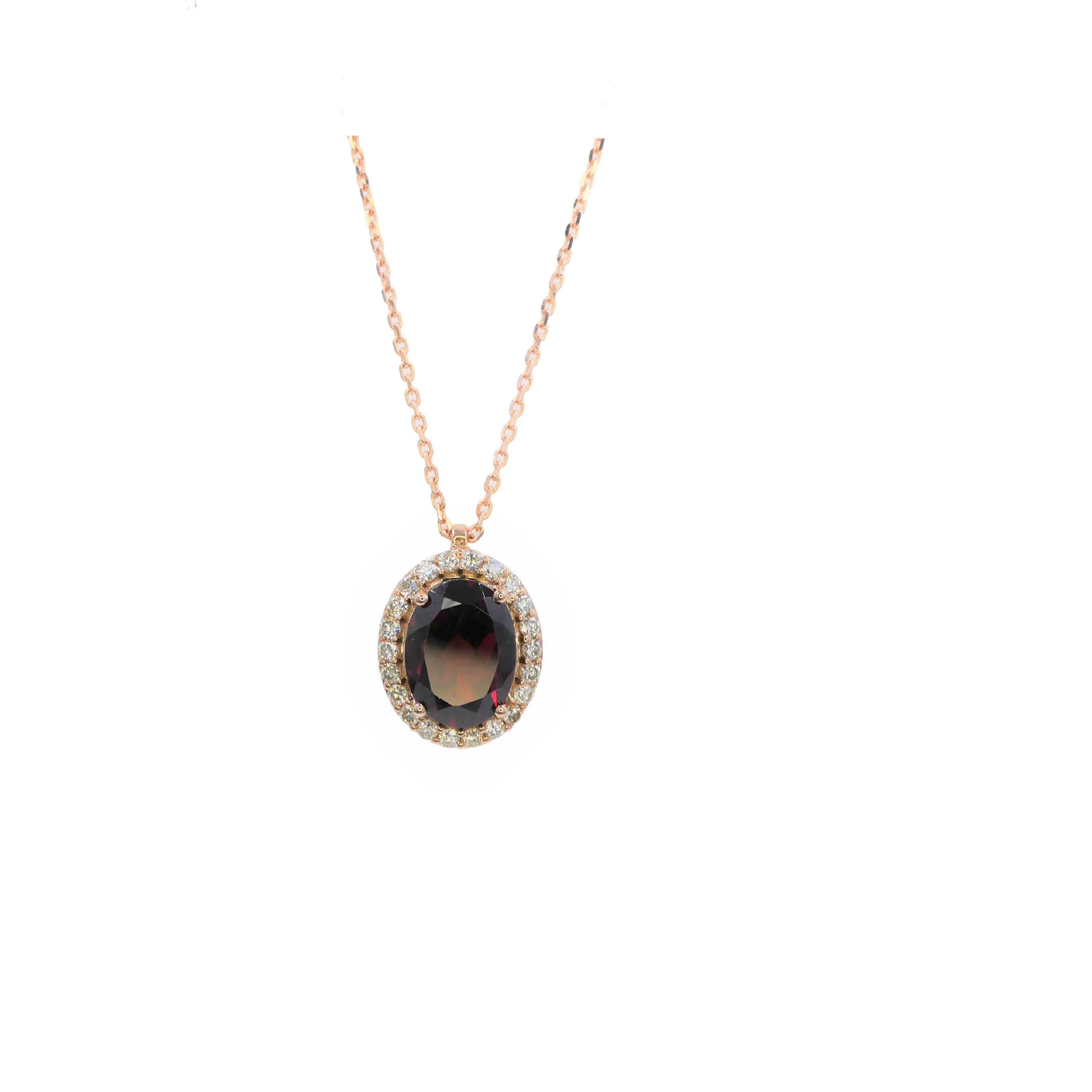 Modern Oval Halo Red Garnet Diamond 18 Karat Rose Gold Pendant Chain Necklace For Sale
