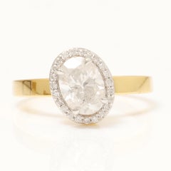 Anello con diamante solitario ovale a forma di aureola in oro massiccio 14k (certificato)