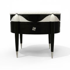 Oval Hand-Carved Ebony & Snow White Gloss Side Table and Nightstand