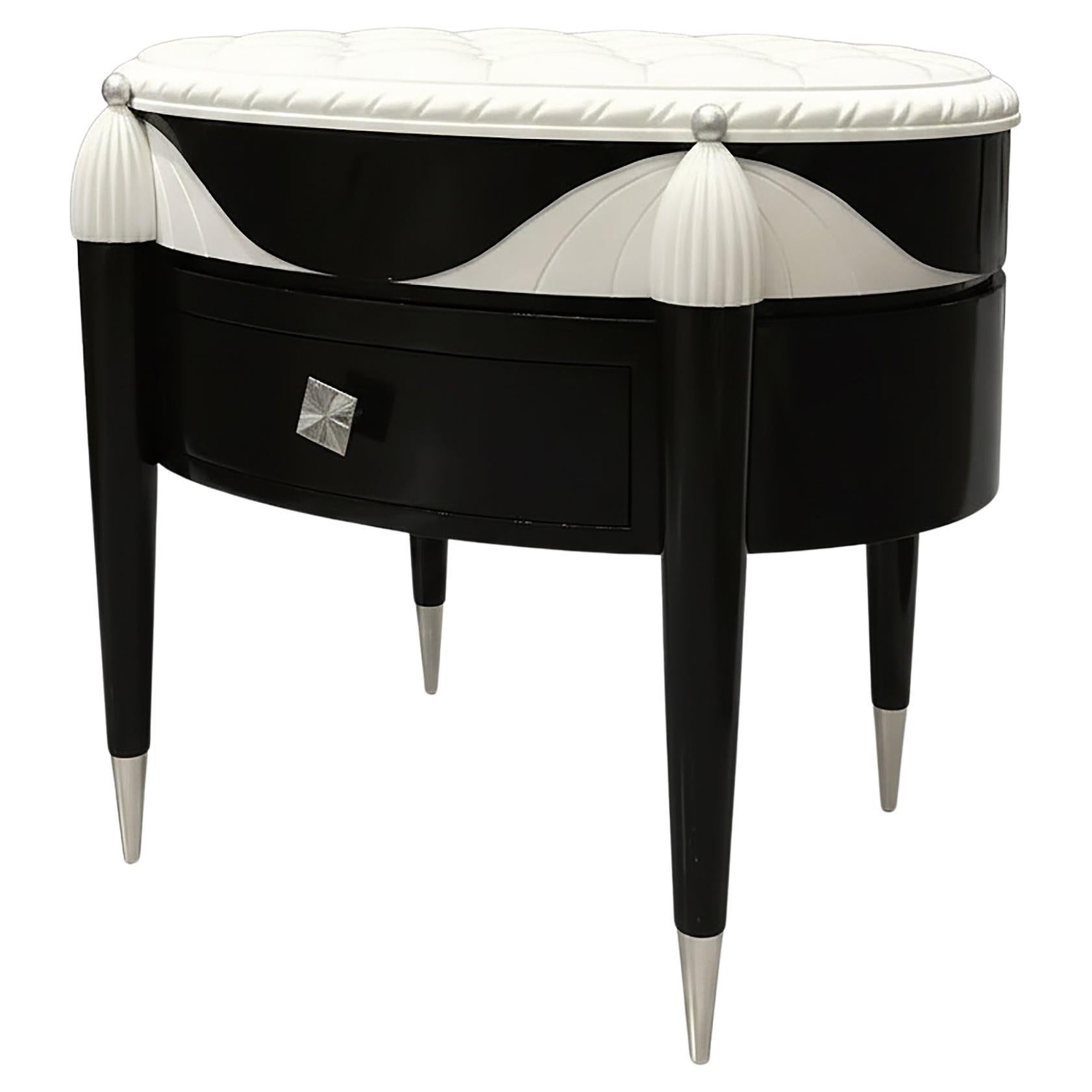 Oval Hand-Carved Ebony & Snow White Gloss Side Table and Nightstand For Sale