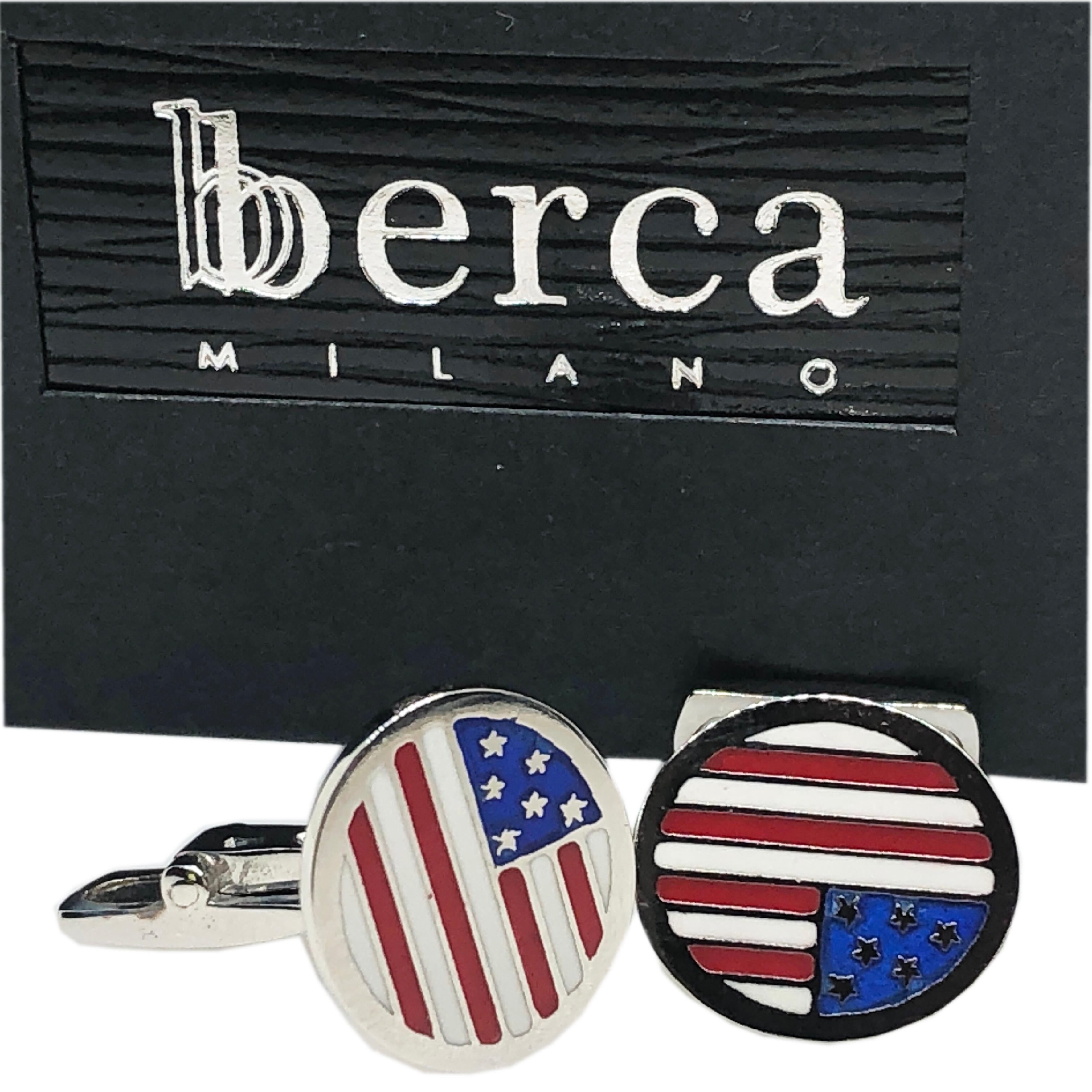 Timeless, Oval Hand Enameled American Flag, T-Bar Back, Sterling Silver Cufflinks.

In our smart fitted black box and pouch.