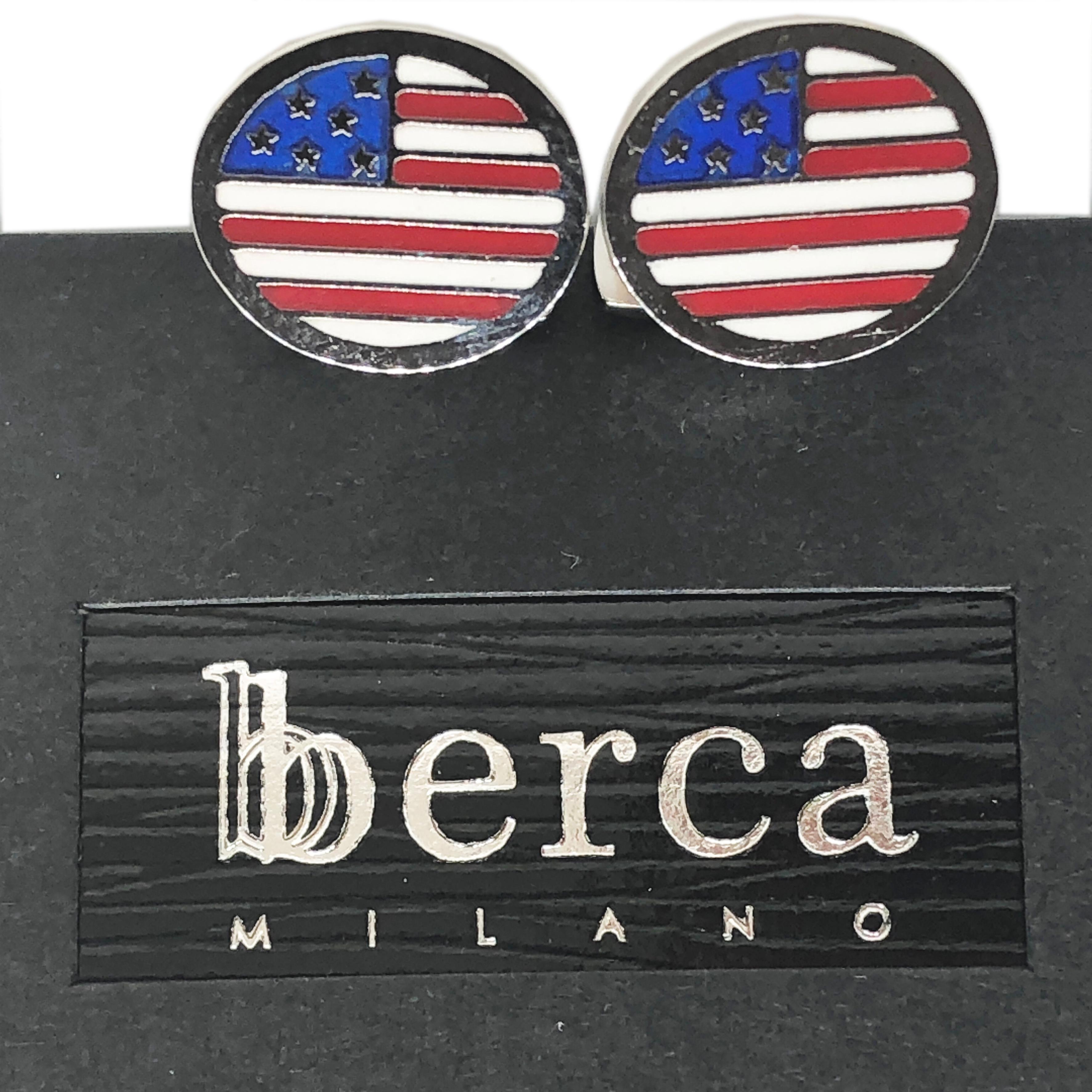 Contemporary Berca Oval Enameled American Flag Little T-Bar Back Sterling Silver Cufflinks