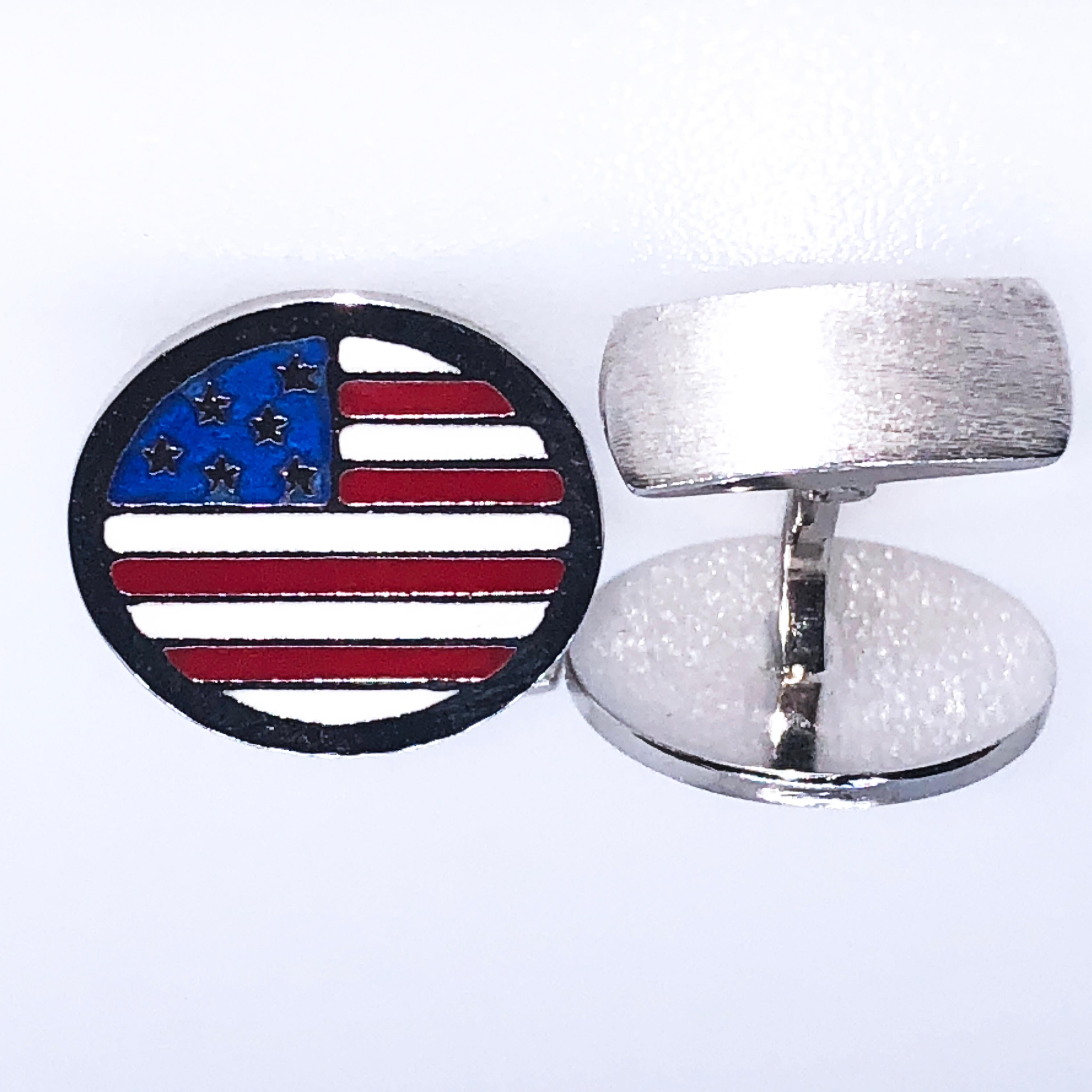 Berca Oval Enameled American Flag Little T-Bar Back Sterling Silver Cufflinks In New Condition In Valenza, IT