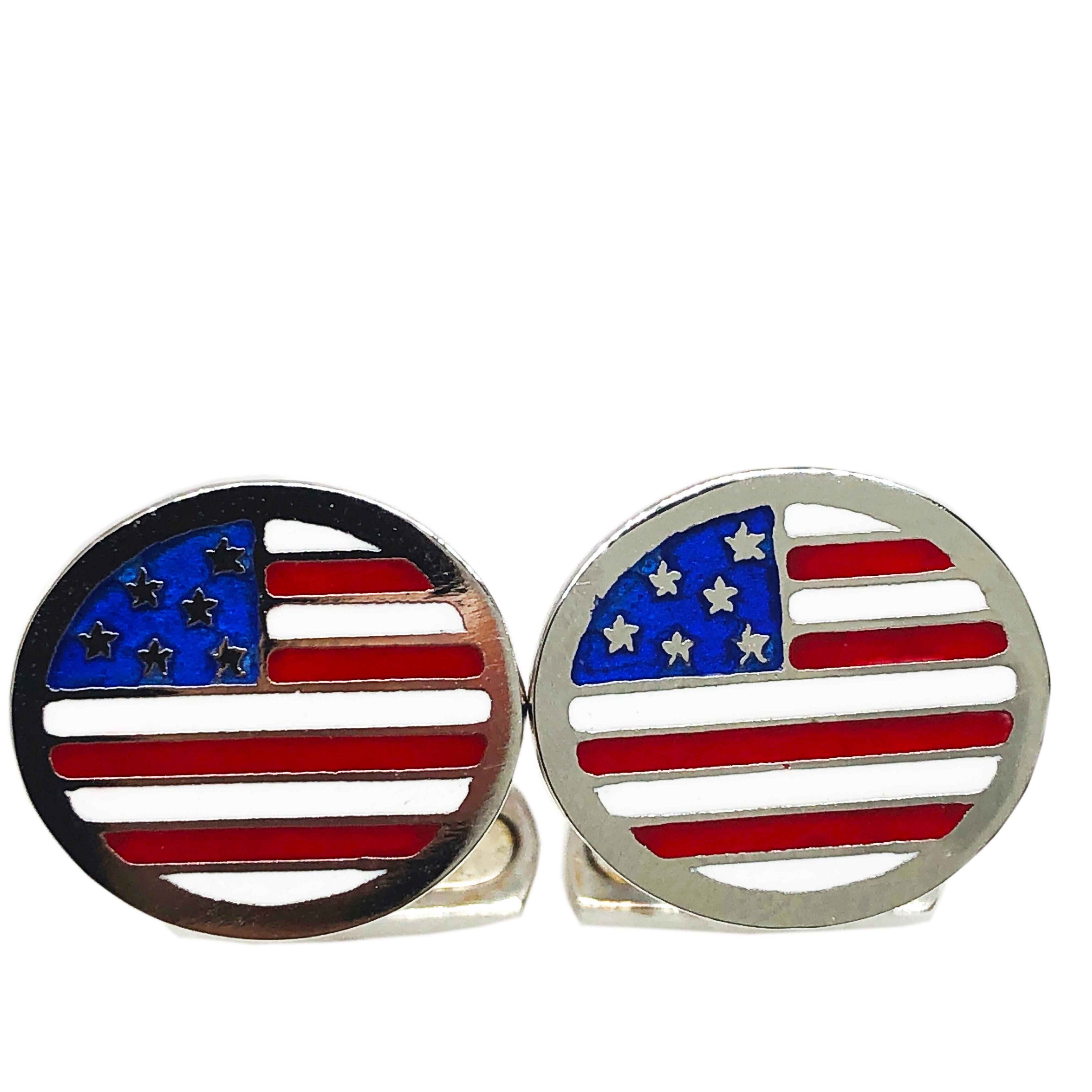 Men's Berca Oval Enameled American Flag Little T-Bar Back Sterling Silver Cufflinks