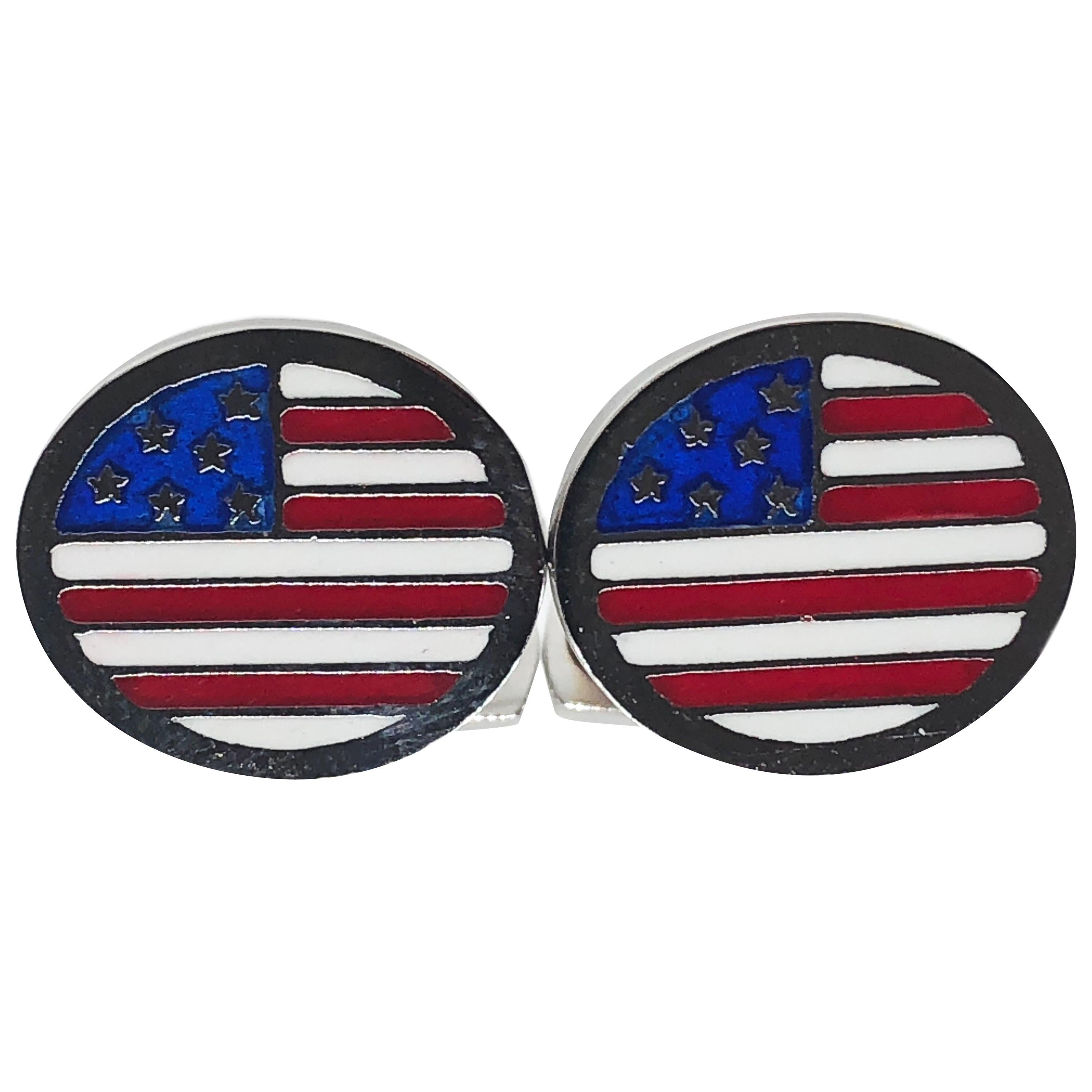Berca Oval Enameled American Flag Little T-Bar Back Sterling Silver Cufflinks
