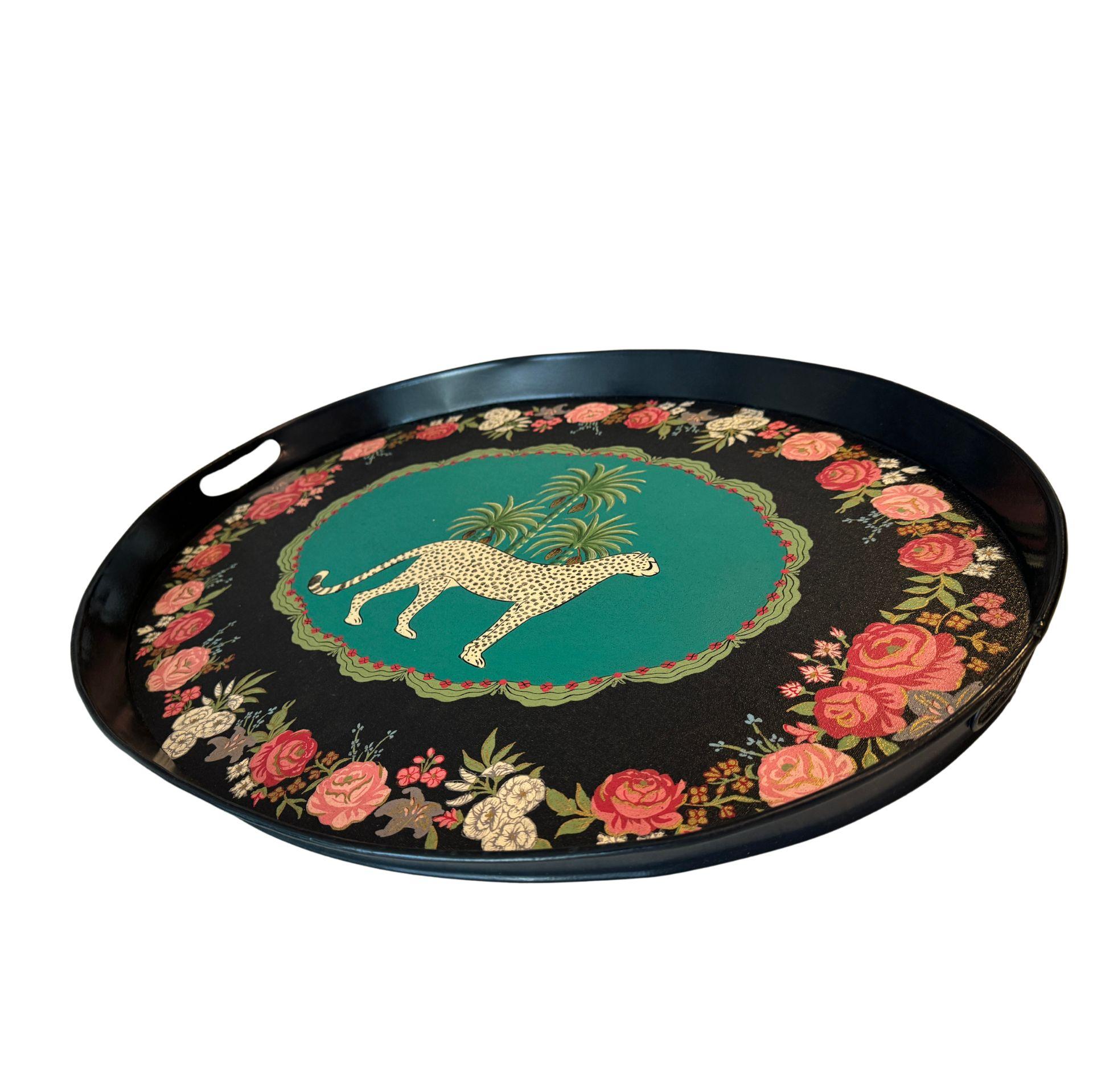 Bandeja de mayordomo ovalada pintada a mano con flores y leopardo en Nuevo estado para la venta en New York City, NY