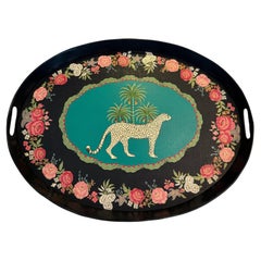 Bandeja de mayordomo ovalada pintada a mano con flores y leopardo