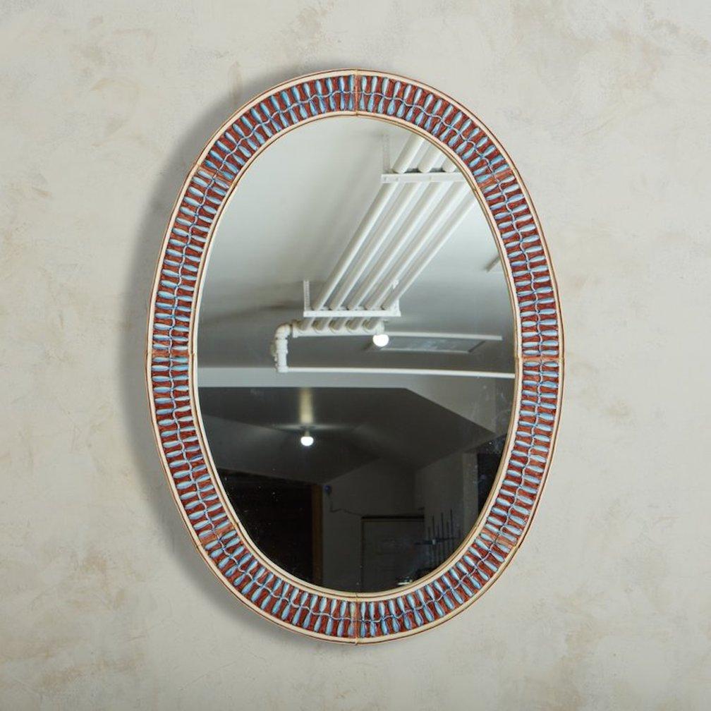 French Oval Hand Painted Ceramic Vallauris Tile Mirror, France, 1960s