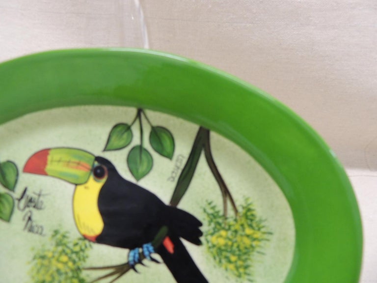 Oval Hand Painted Decorative Dish Depicting a Tucan For Sale at 1stDibs
