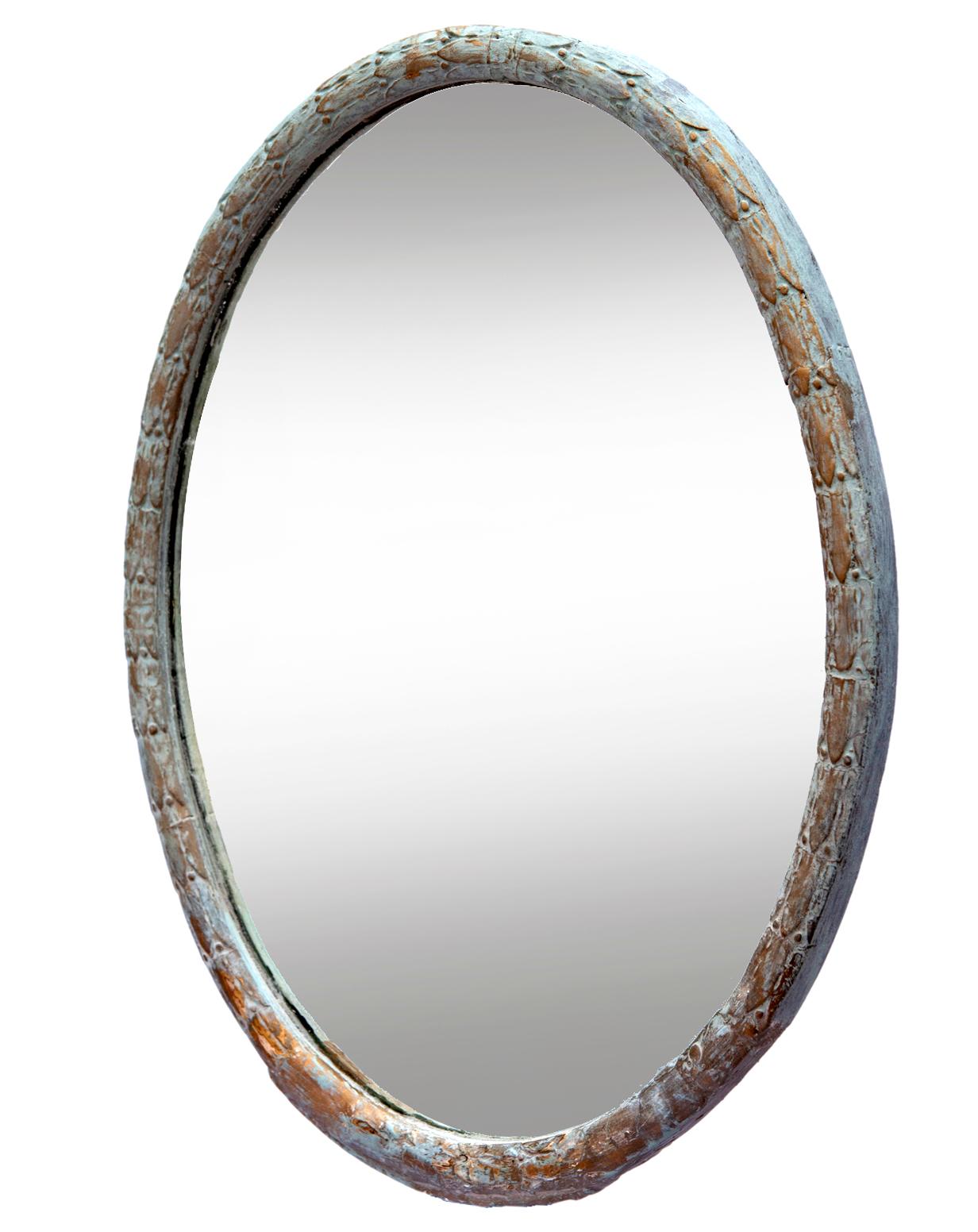 Antique French oval hand painted in French blue with pale gold peeking through the blue. The mirrored glass has many flaws, lending to its antique charm.
The backing is a solid mahogany plank.
wired to hang vertically.