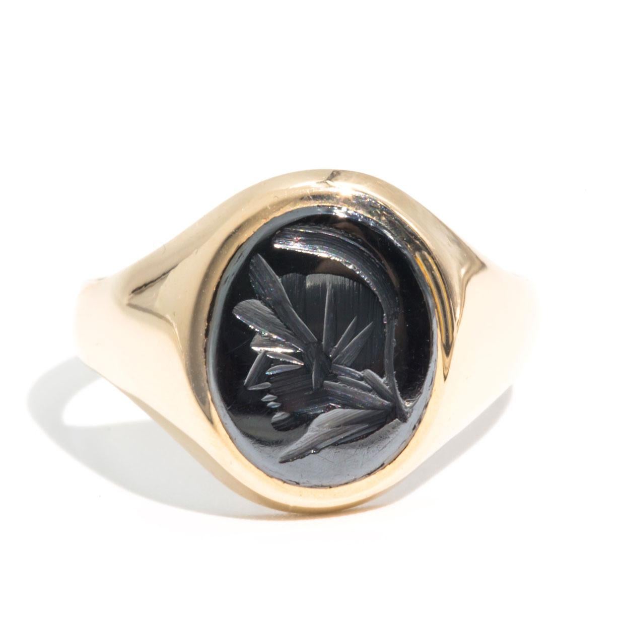 Women's or Men's Oval Hematite 9 Carat Yellow Gold Mens Vintage Solitaire Signet Ring