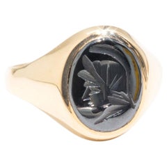 Oval Hematite 9 Carat Yellow Gold Mens Vintage Solitaire Signet Ring