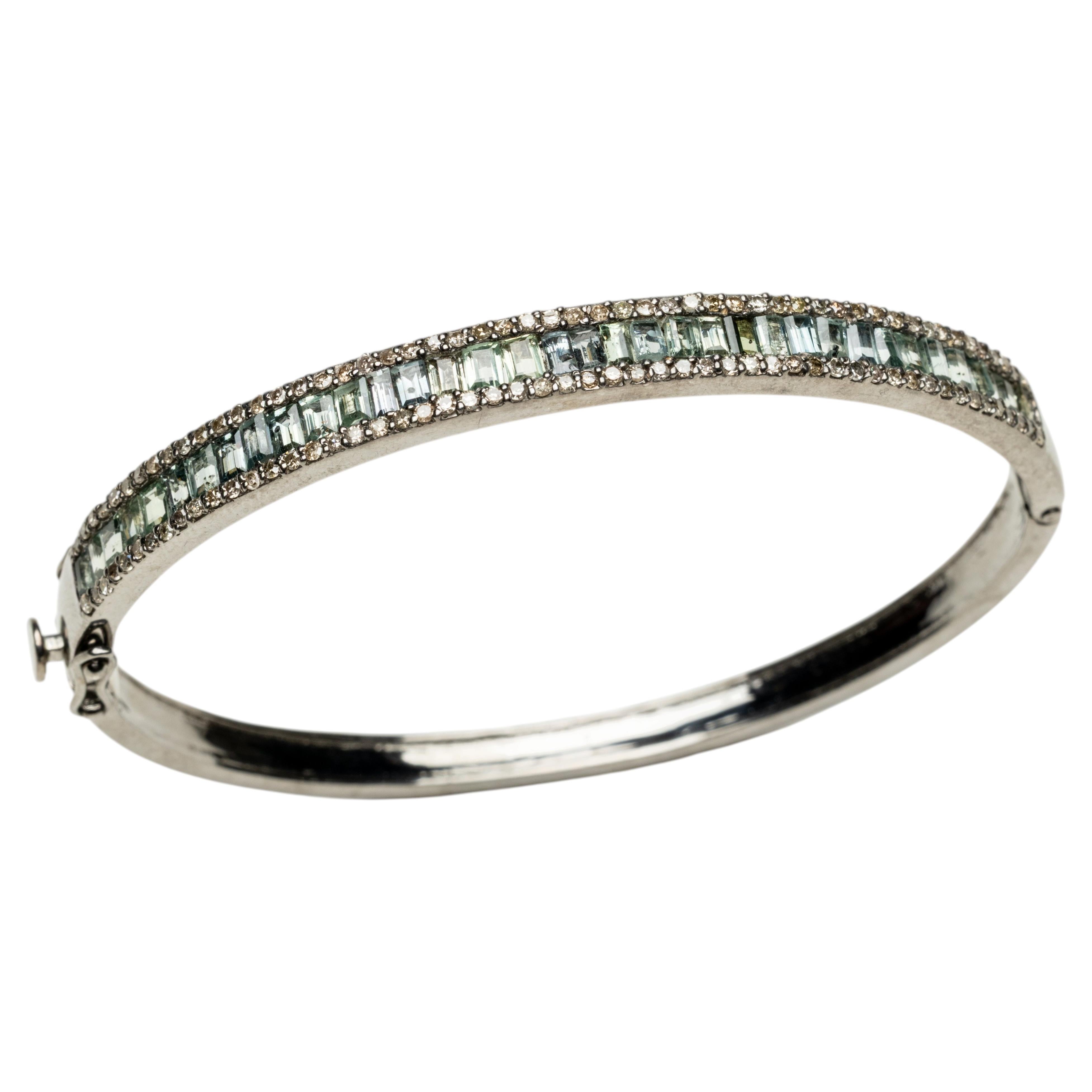 Oval Hinged Bangle with Green Sapphire Baguettes and Diamonds For Sale