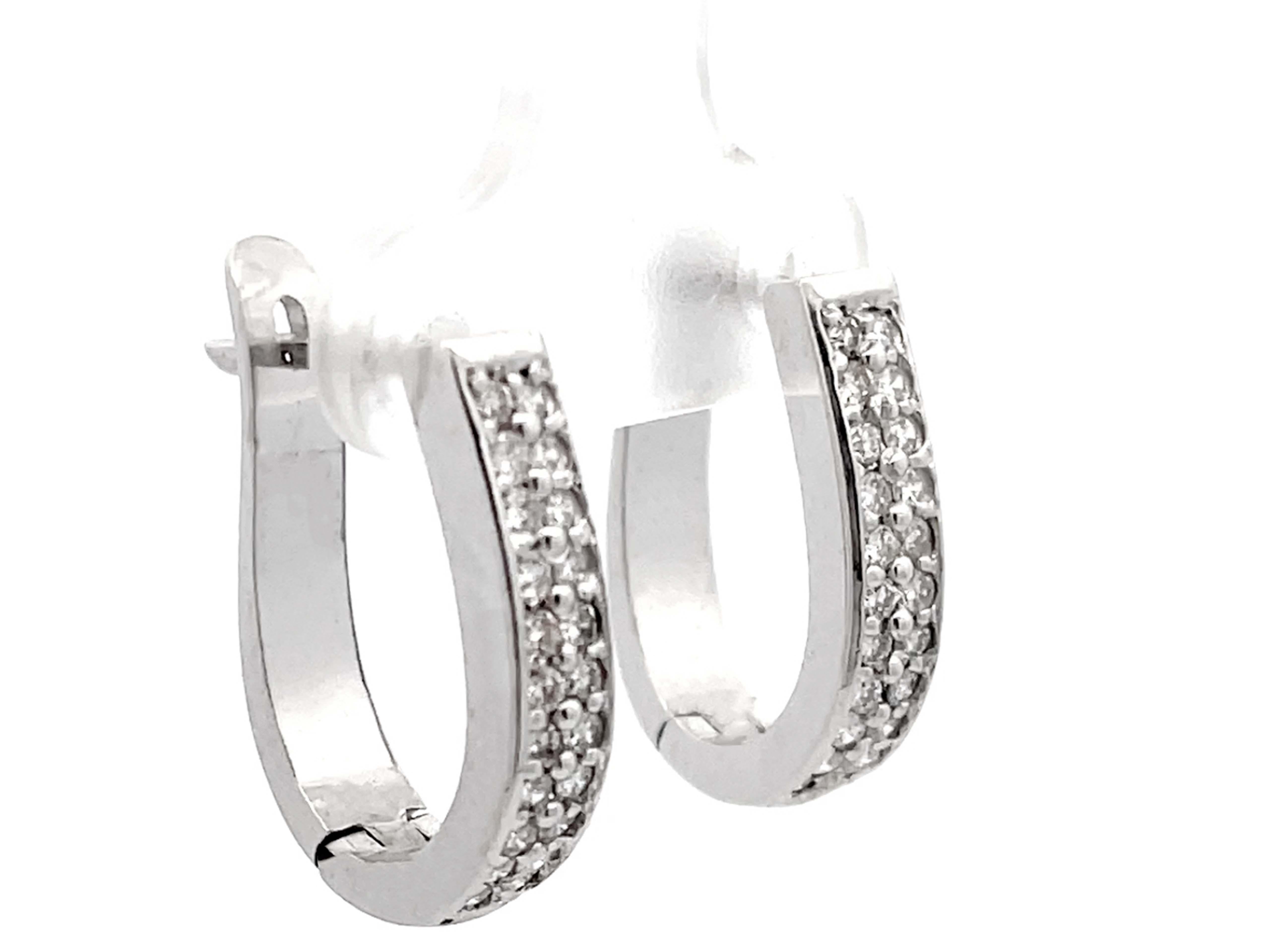 Modern Oval Hoop Diamond Earrings Solid 14K White Gold For Sale