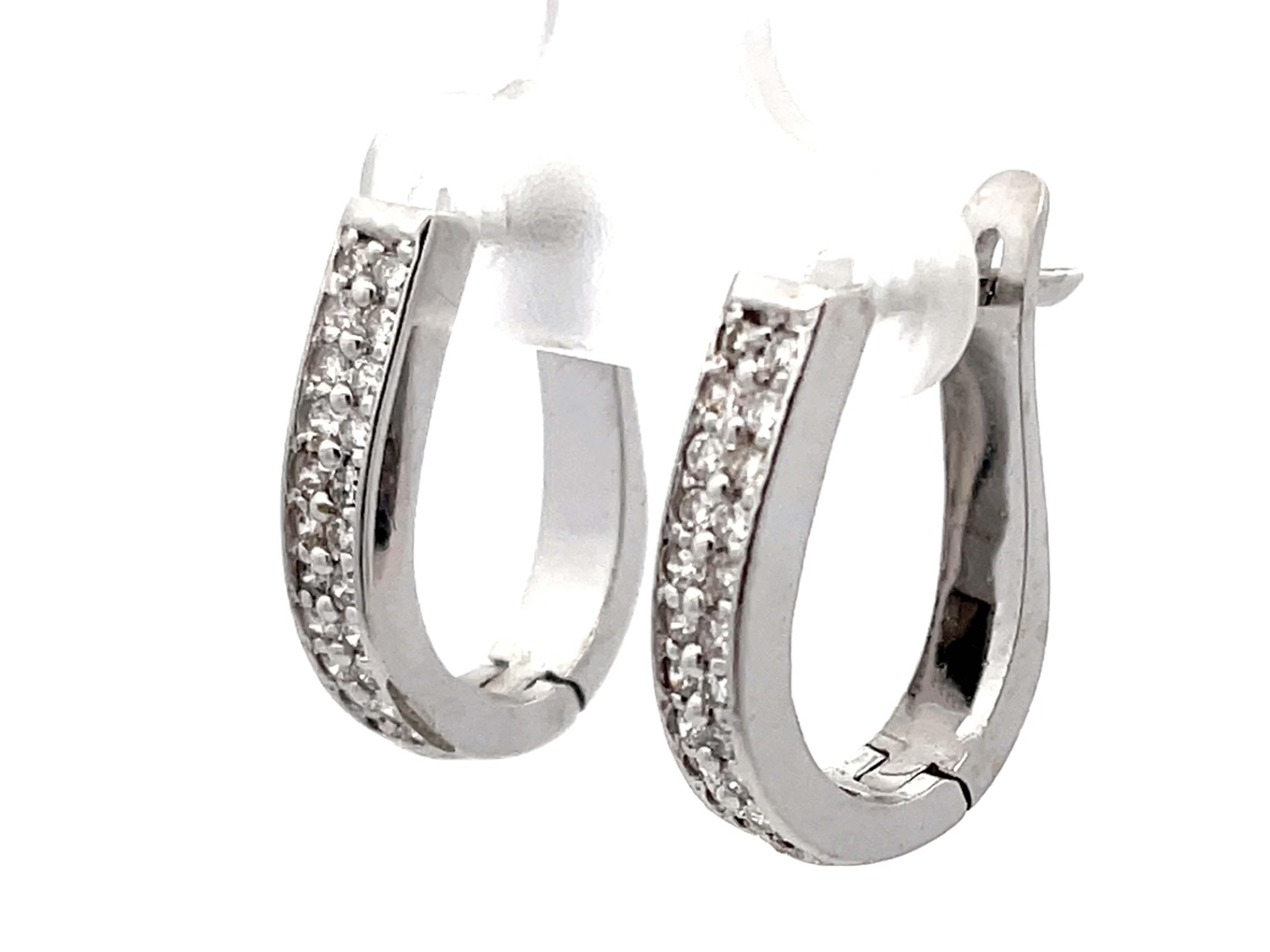 Brilliant Cut Oval Hoop Diamond Earrings Solid 14K White Gold For Sale