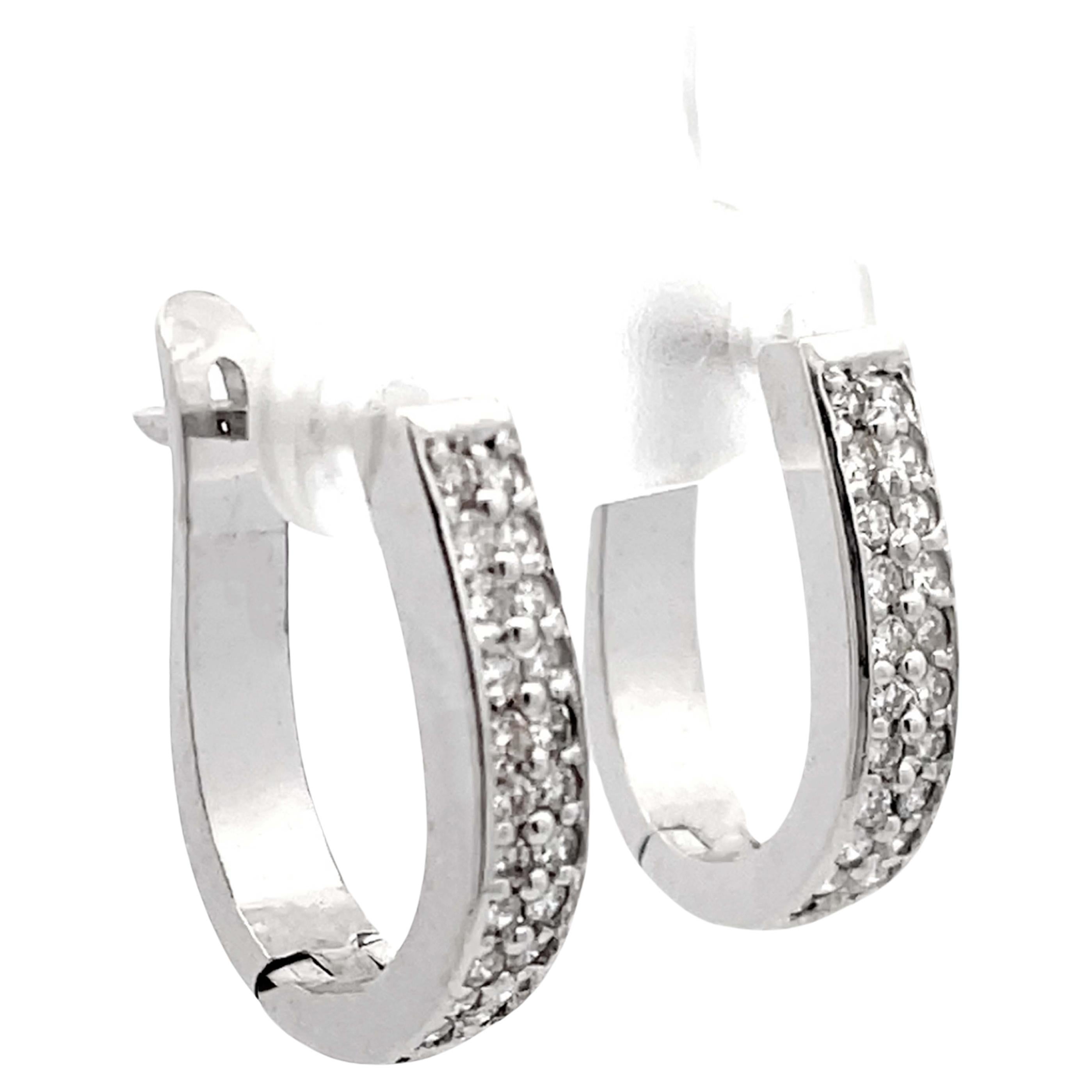 Oval Hoop Diamond Earrings Solid 14K White Gold For Sale