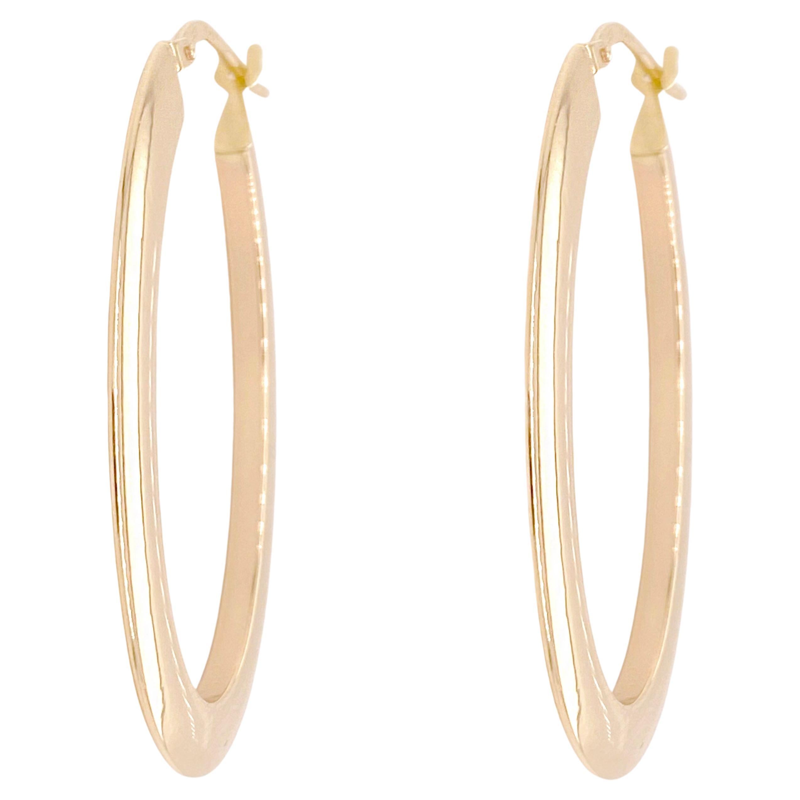 1.5-inch Oval Hoops, 40 x 25 mm Oval Earrings, Lightweight 14K Yellow Gold For Sale