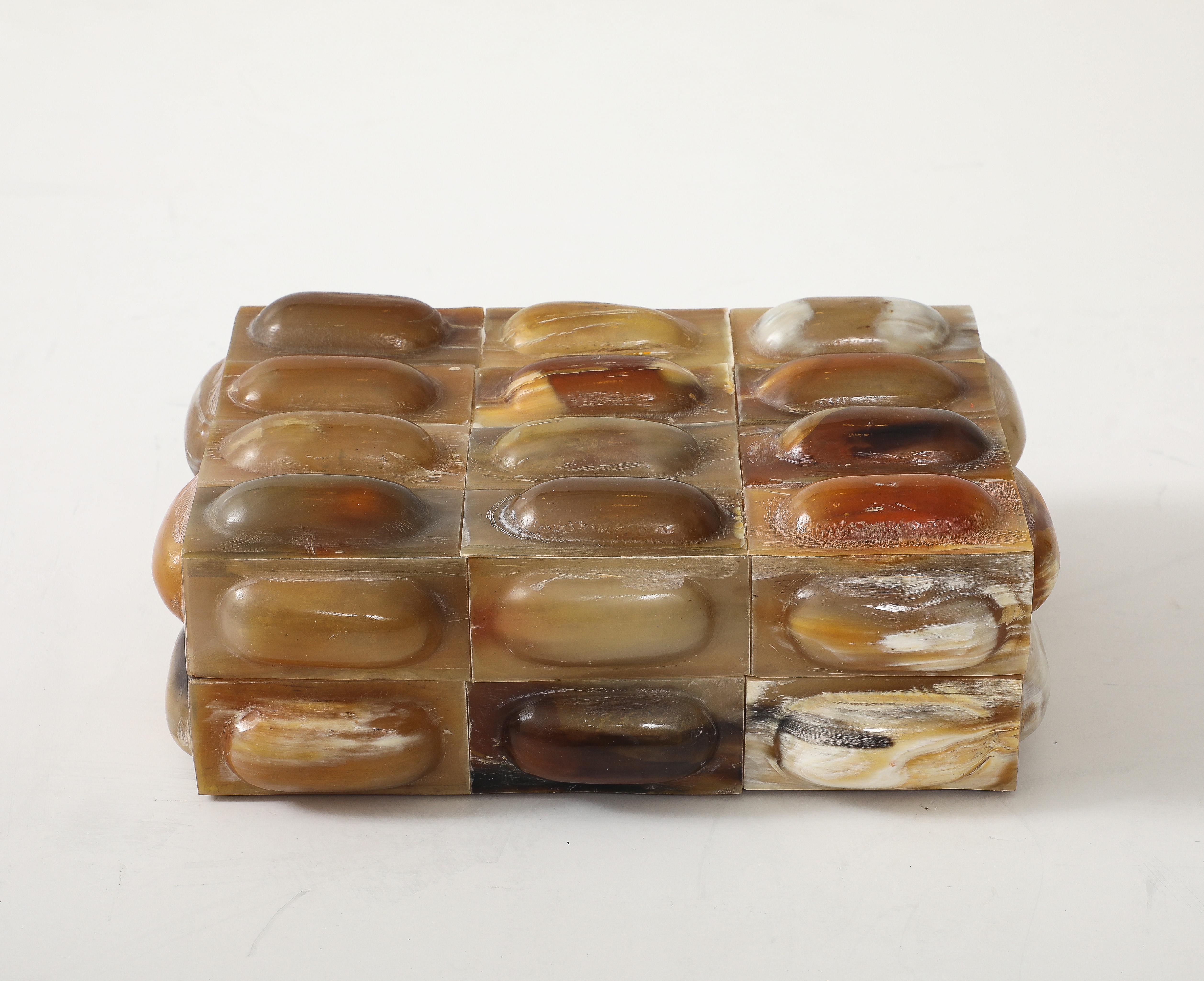 Hand made keepsake box clad in steam pressed  convex oval horn elements. A great addition to any book case or desk.