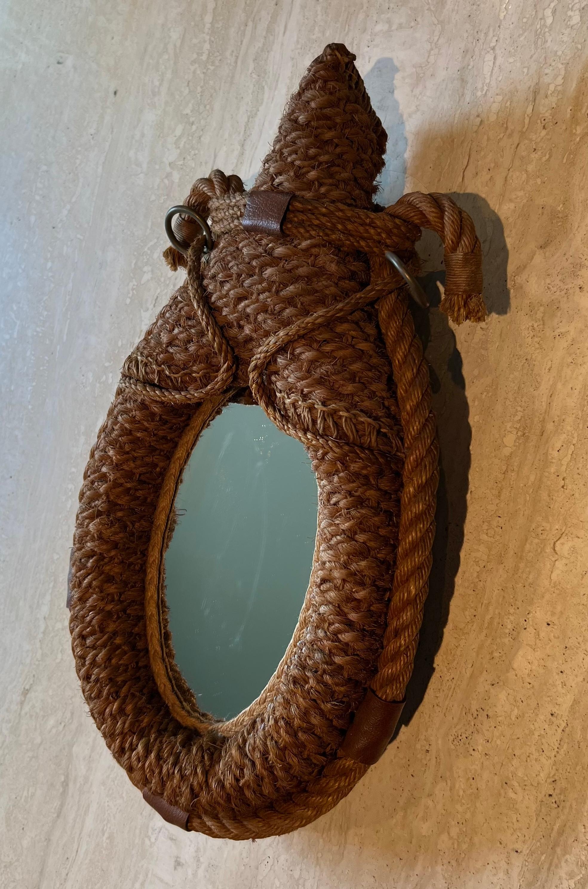 Specchio ovale con collare di cavallo in corda e pelle di Audoux Minet in vendita 1