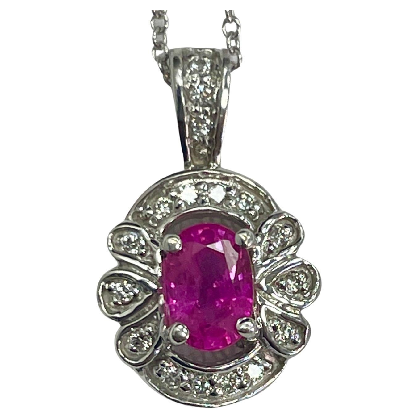 Oval Hot Pink Sapphire and Diamond Pendant For Sale