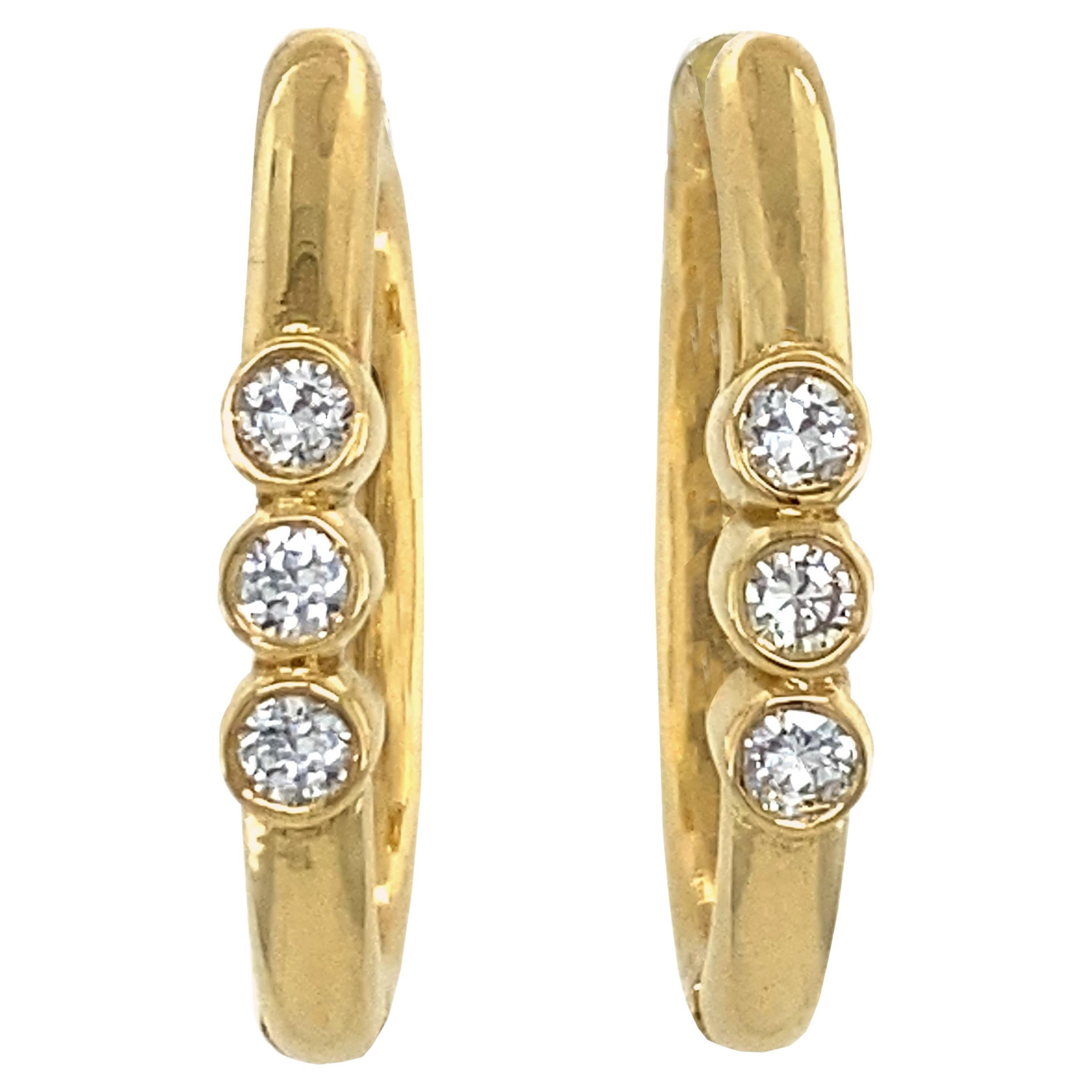 "Double Triplets" Oval Hoops Accented with Diamonds in 18 Karat Yellow Gold