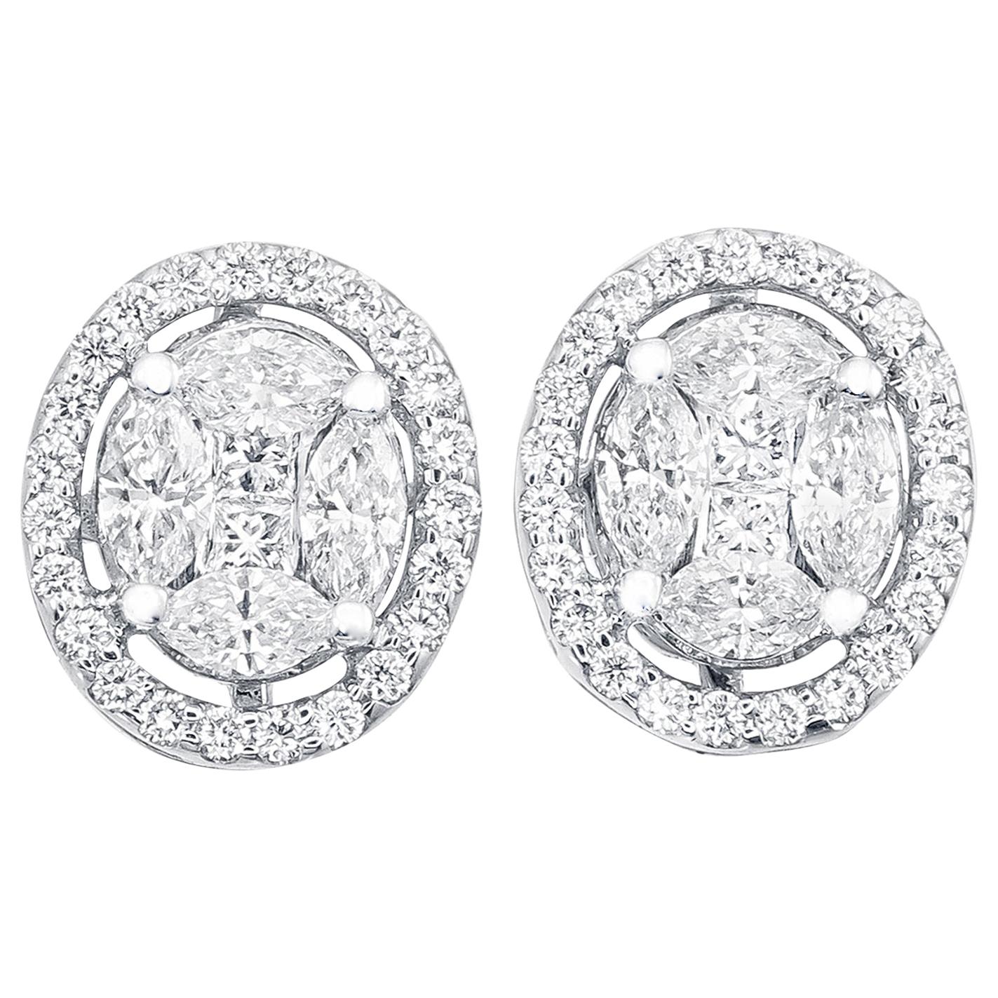 Oval Illusion Diamond Earring Stud in 18 Karat White Gold For Sale
