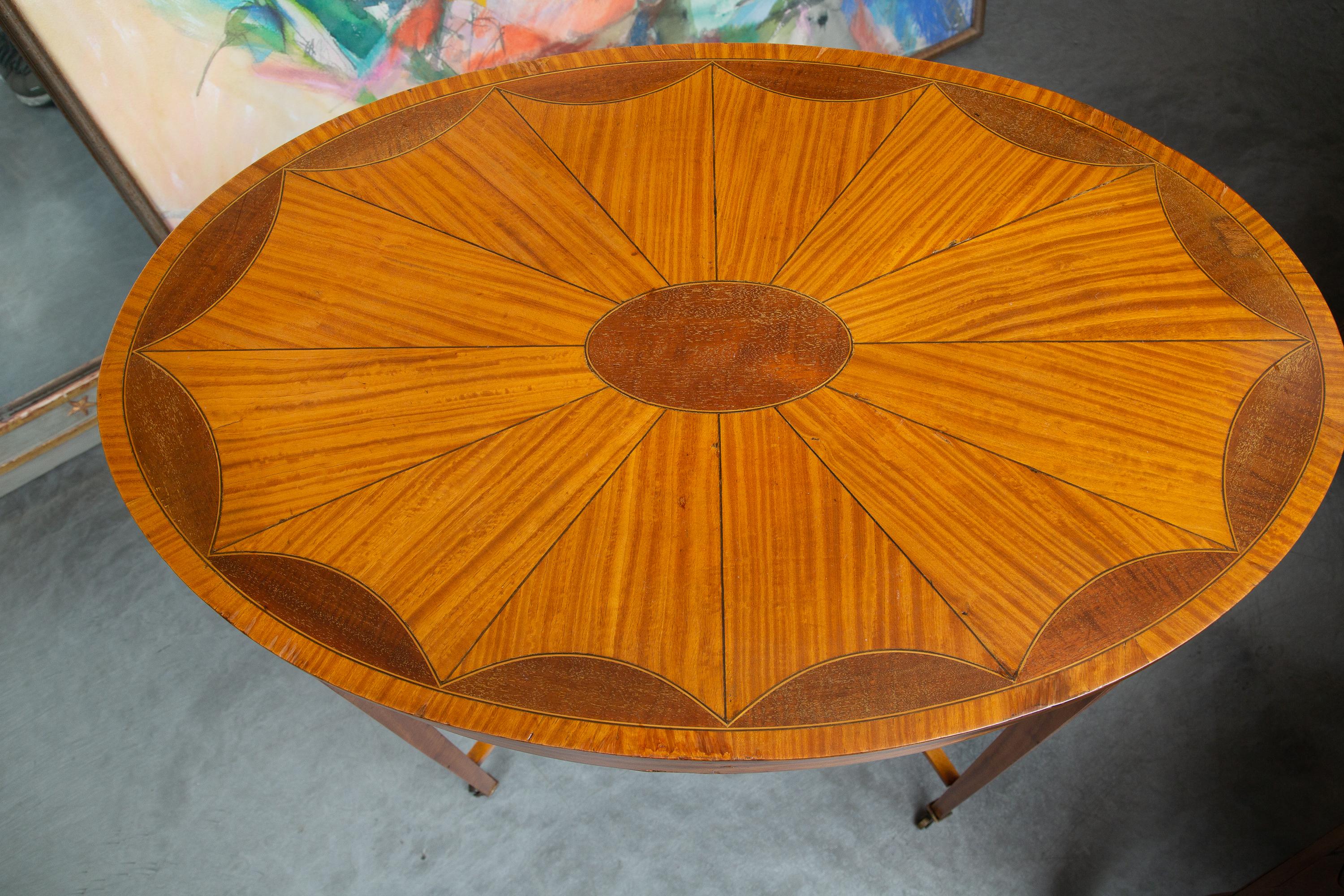 Wood Oval Inlaid Side Table For Sale