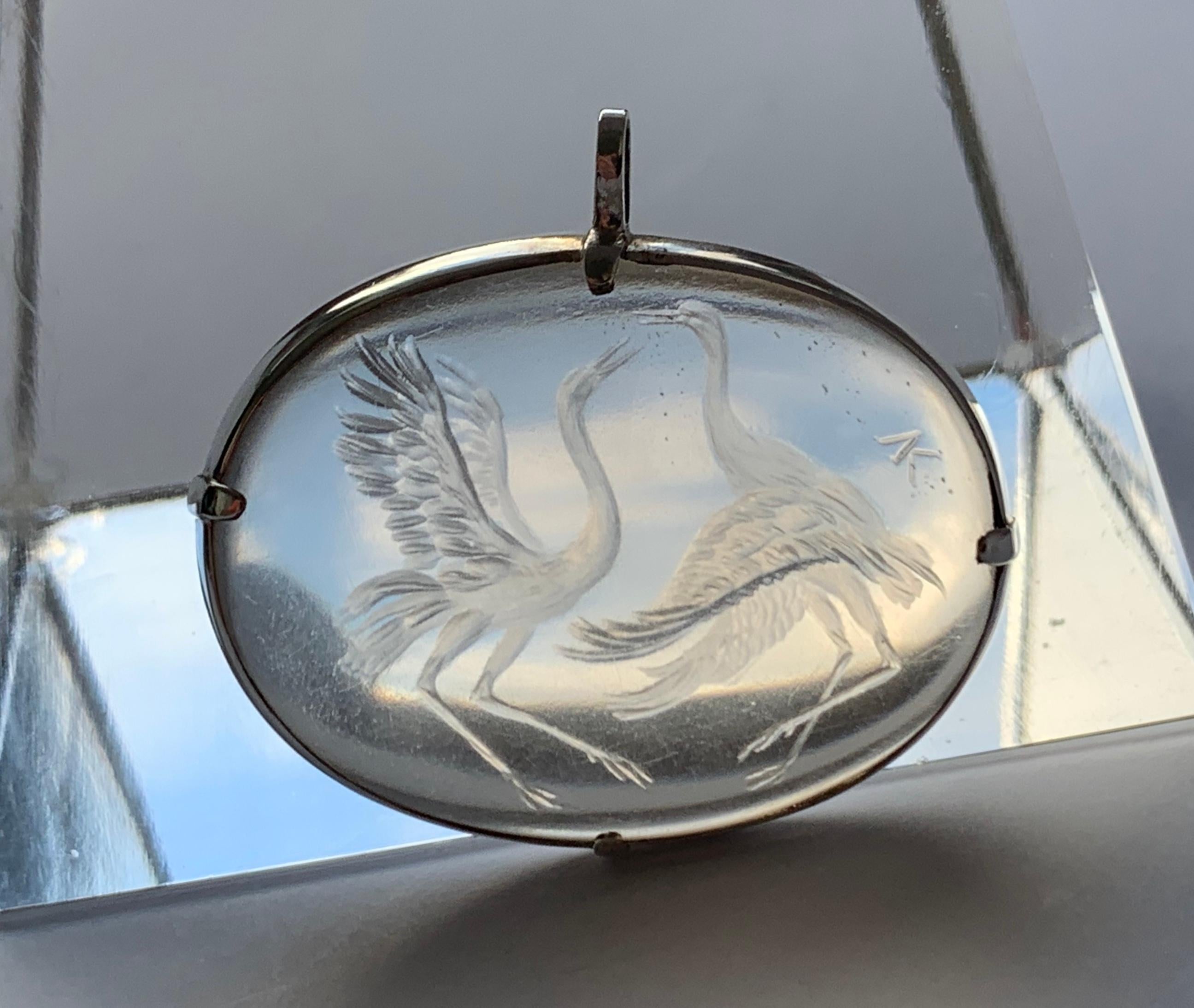 Classical Greek  Hand Carved Oval Intaglio Rock Crystal Pendant of Fighting CranesSilver Set 
