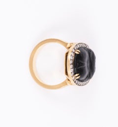 Oval Intaglio Scarab Ring with Diamond Halo in 18k Yellow Gold