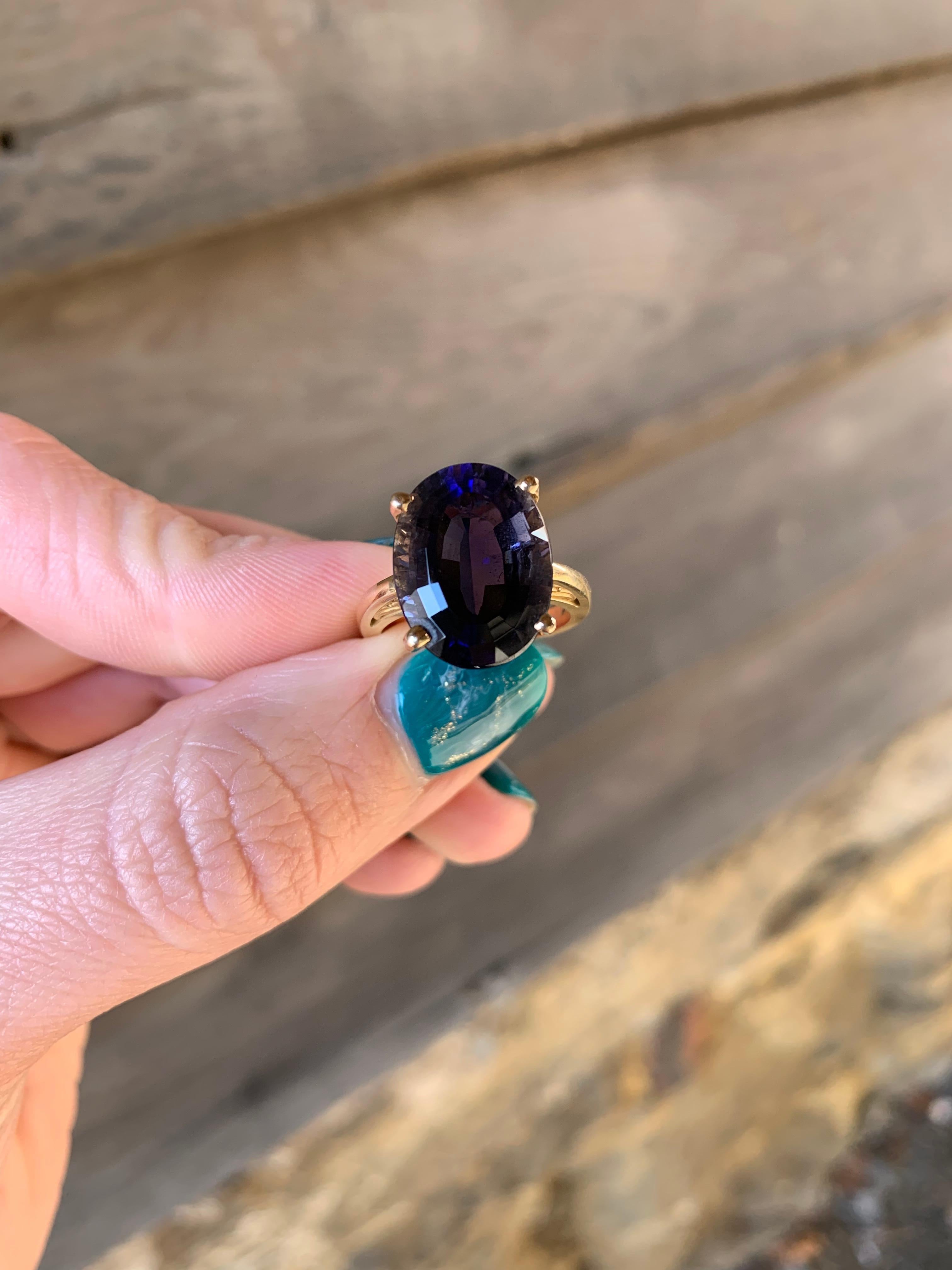 Oval Iolite Solitaire Ring 14 Karat Yellow Gold 4