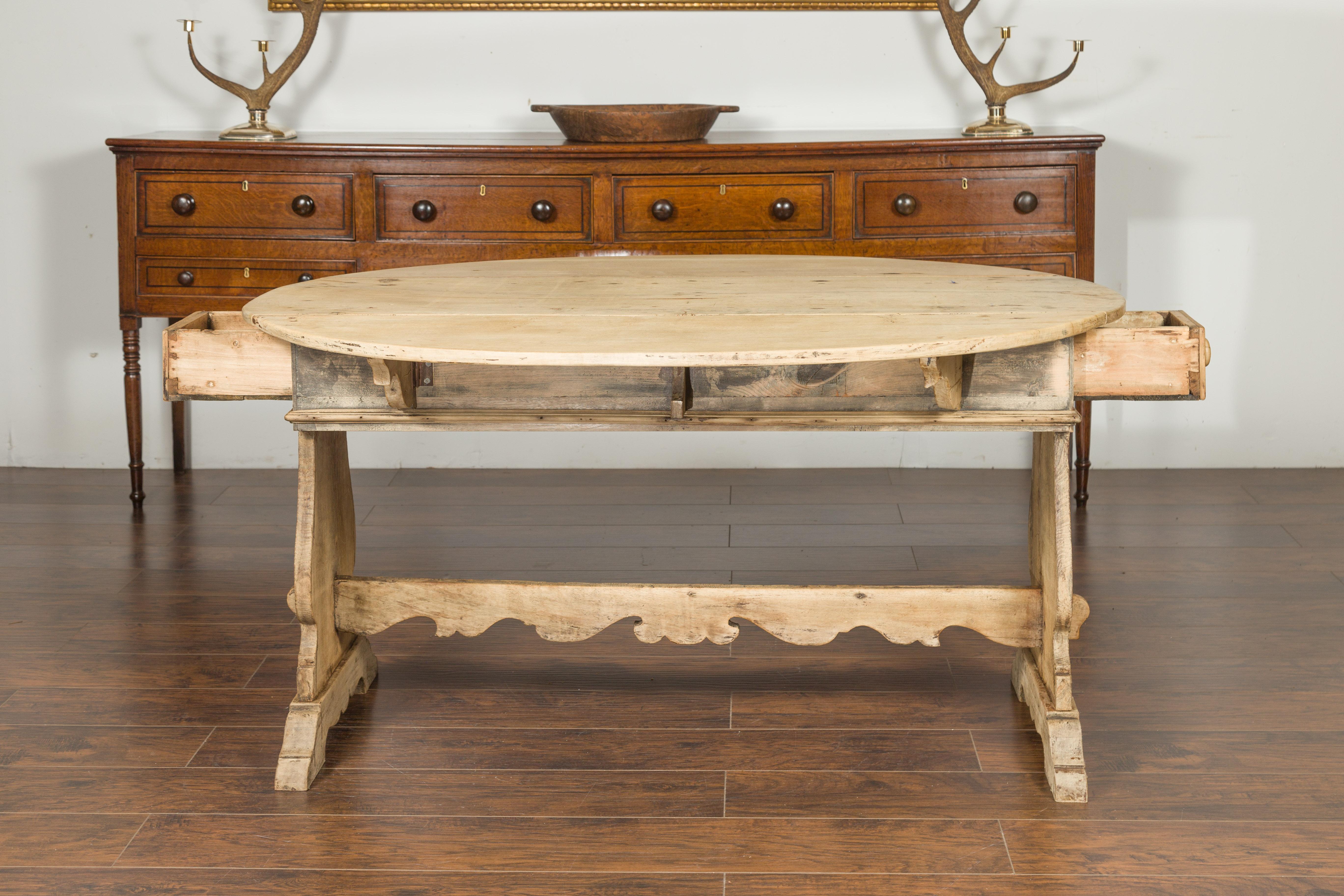 Oval Italian 1800s Bleached Walnut Drop-Leaf Trestle Table with Drawers For Sale 8