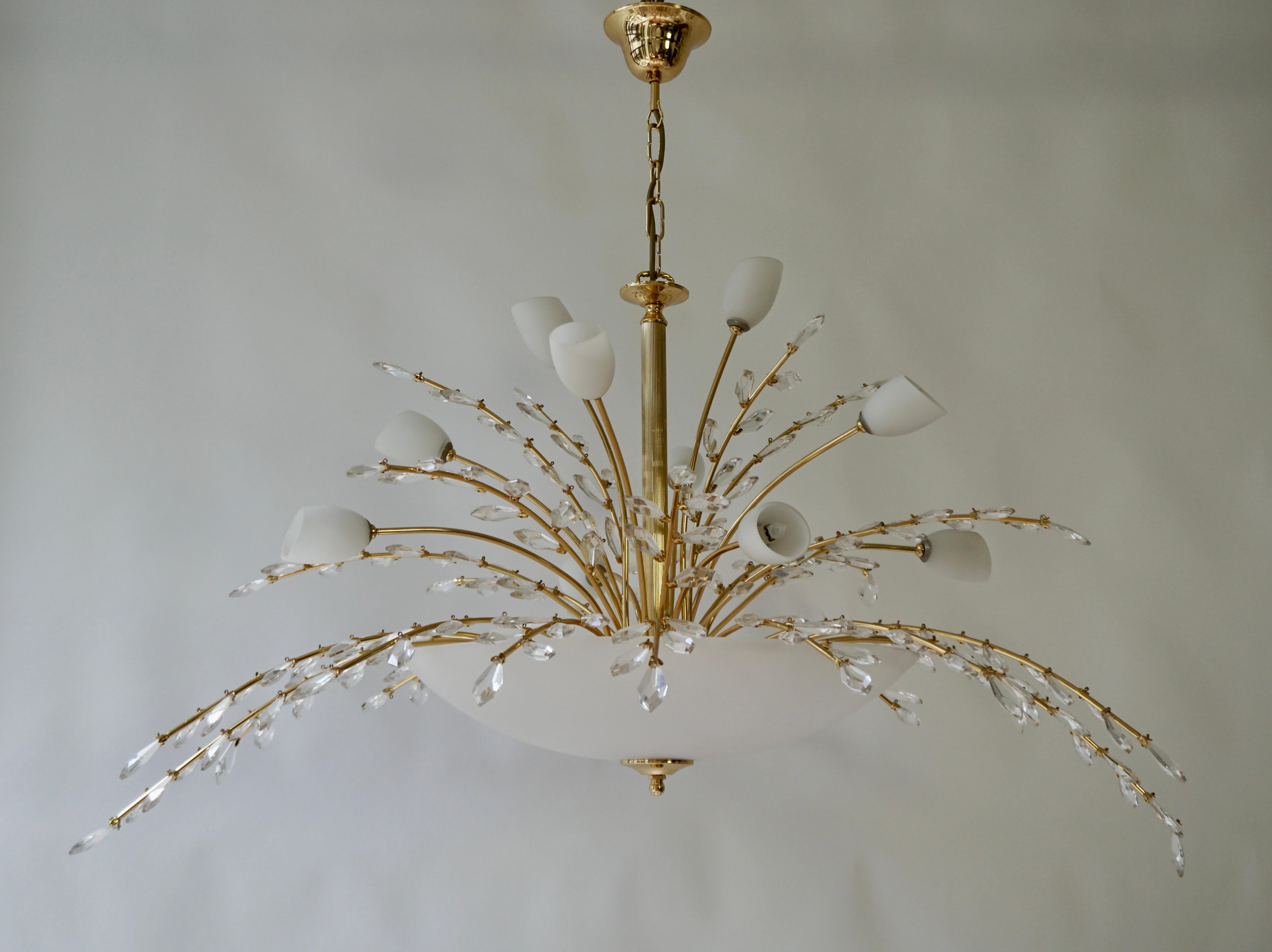 Hollywood Regency Oval Italian Chandelier in Opaline Glass and Brass