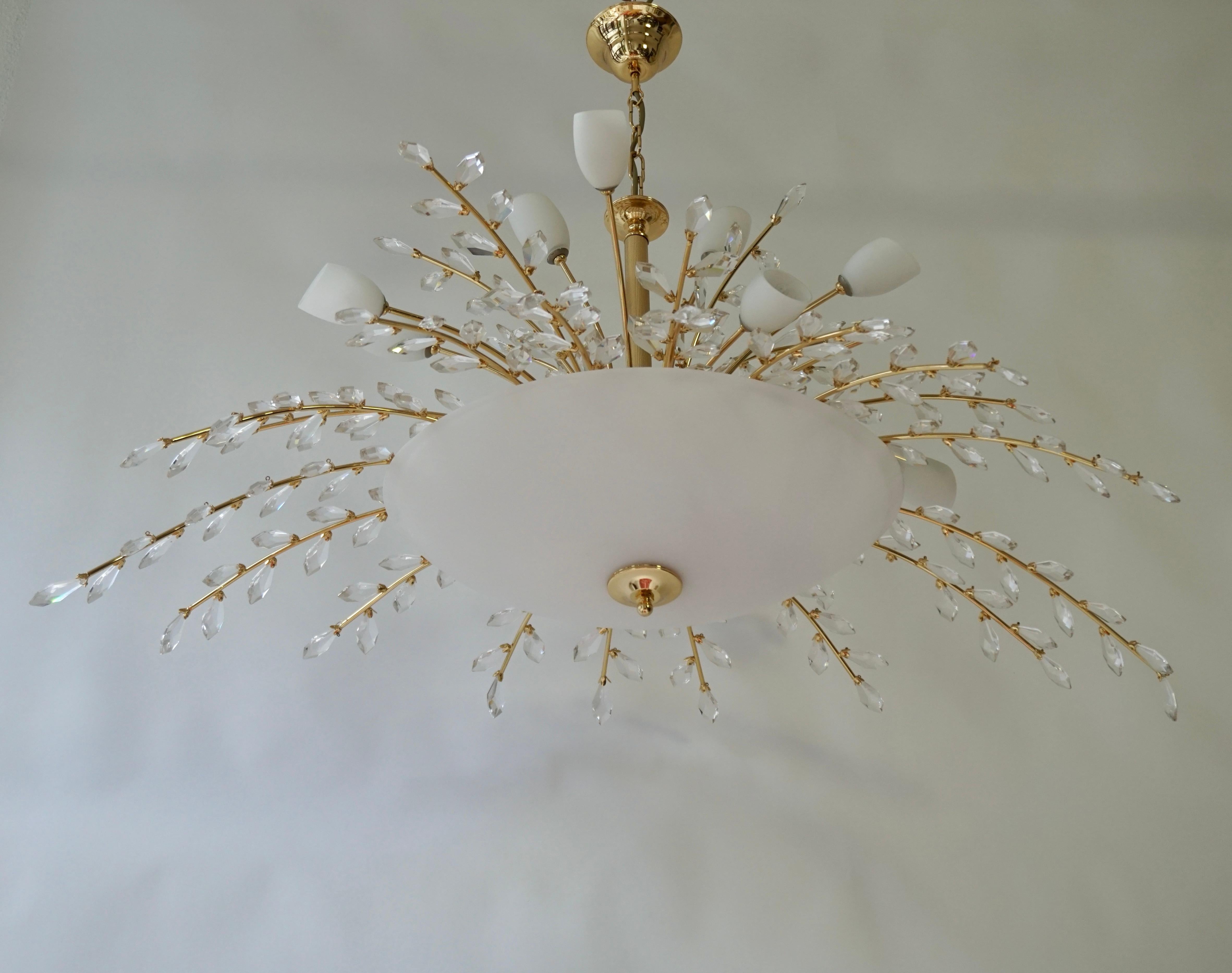 Oval Italian Chandelier in Opaline Glass and Brass 1