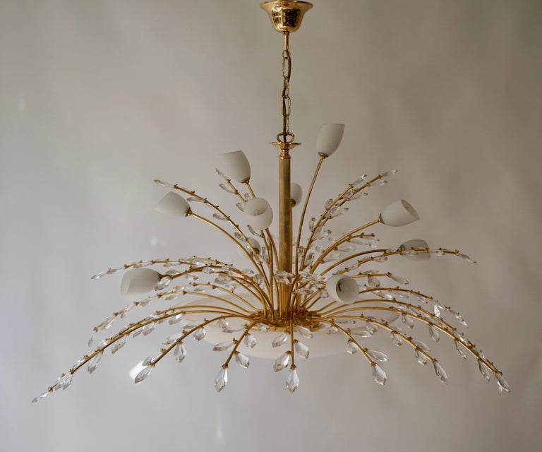 Oval Italian Chandelier in Opaline Glass and Brass For Sale 3