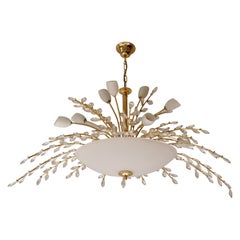 Oval Italian Chandelier in Opaline Glass and Brass