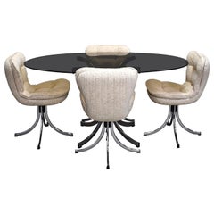 Oval Italian Dining Set in Chrome, Smoked Glass and Bouclé Fabric, circa 1970