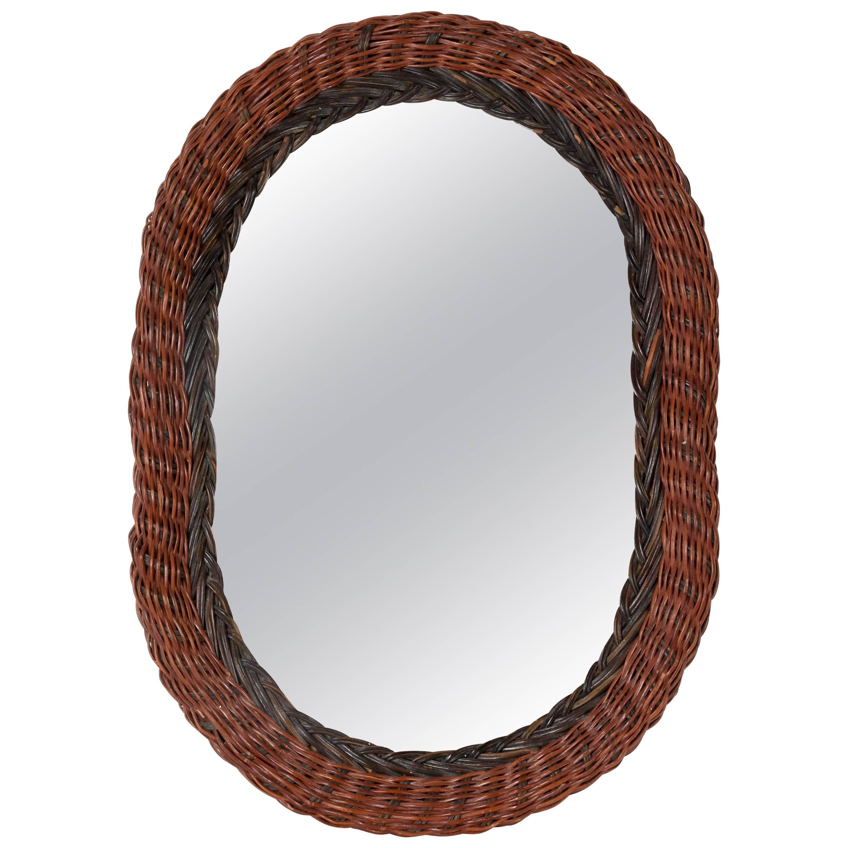 Midcentury Oval Italian Rattan Mirror at 1stDibs