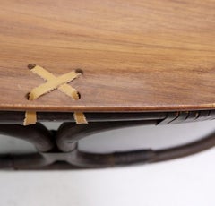 Oval Italian Teak Coffee Table, Plywood Top, Bamboo and Leather Rope