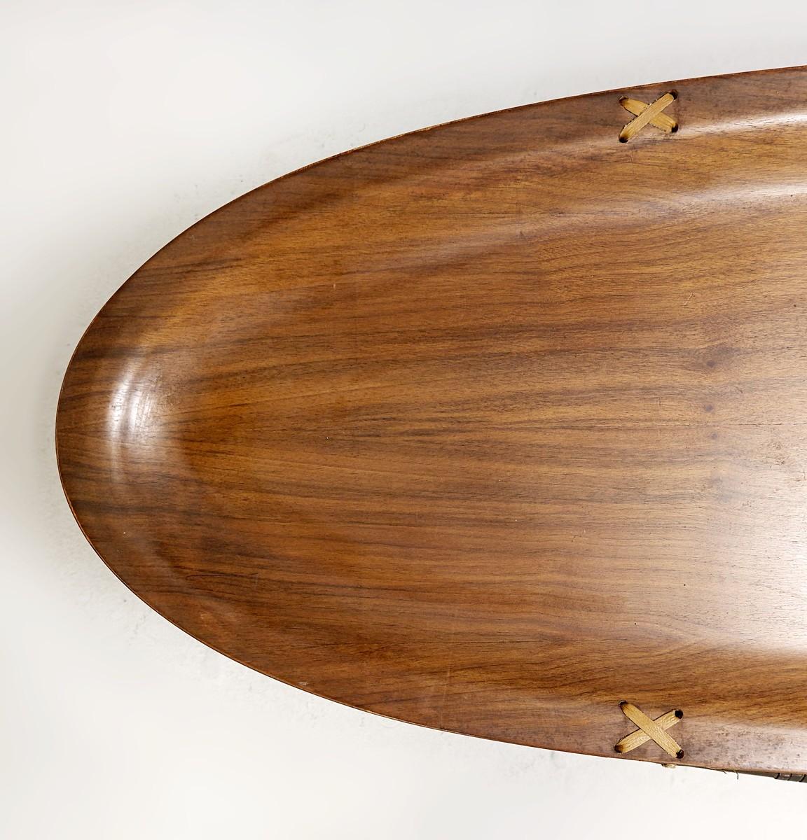 Mid-Century Modern Oval Italian Teak Coffee Table, Plywood Top, Bamboo and Leather Rope For Sale