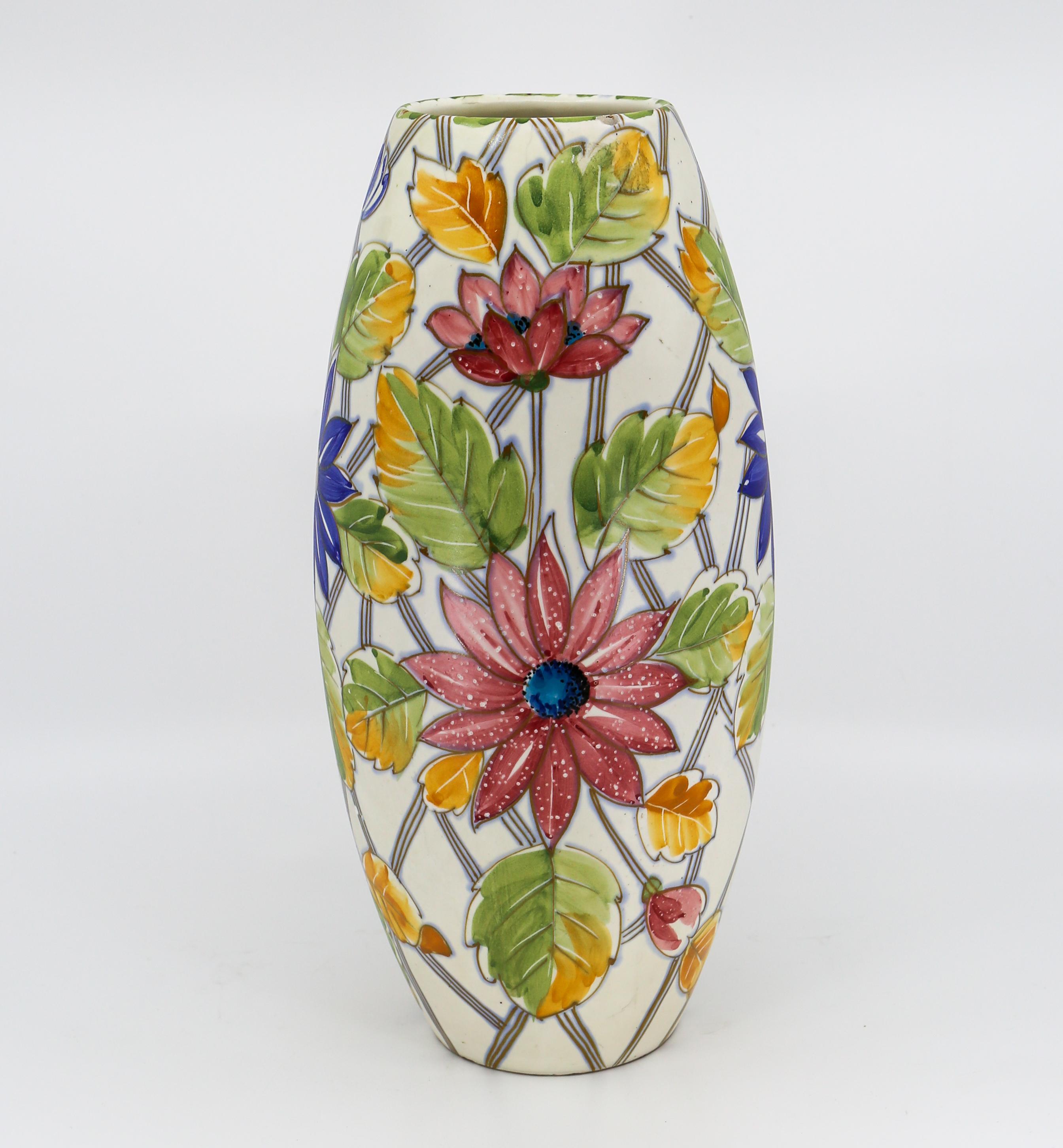 Hollywood Regency Oval Italian Vase with Floral Motif For Sale
