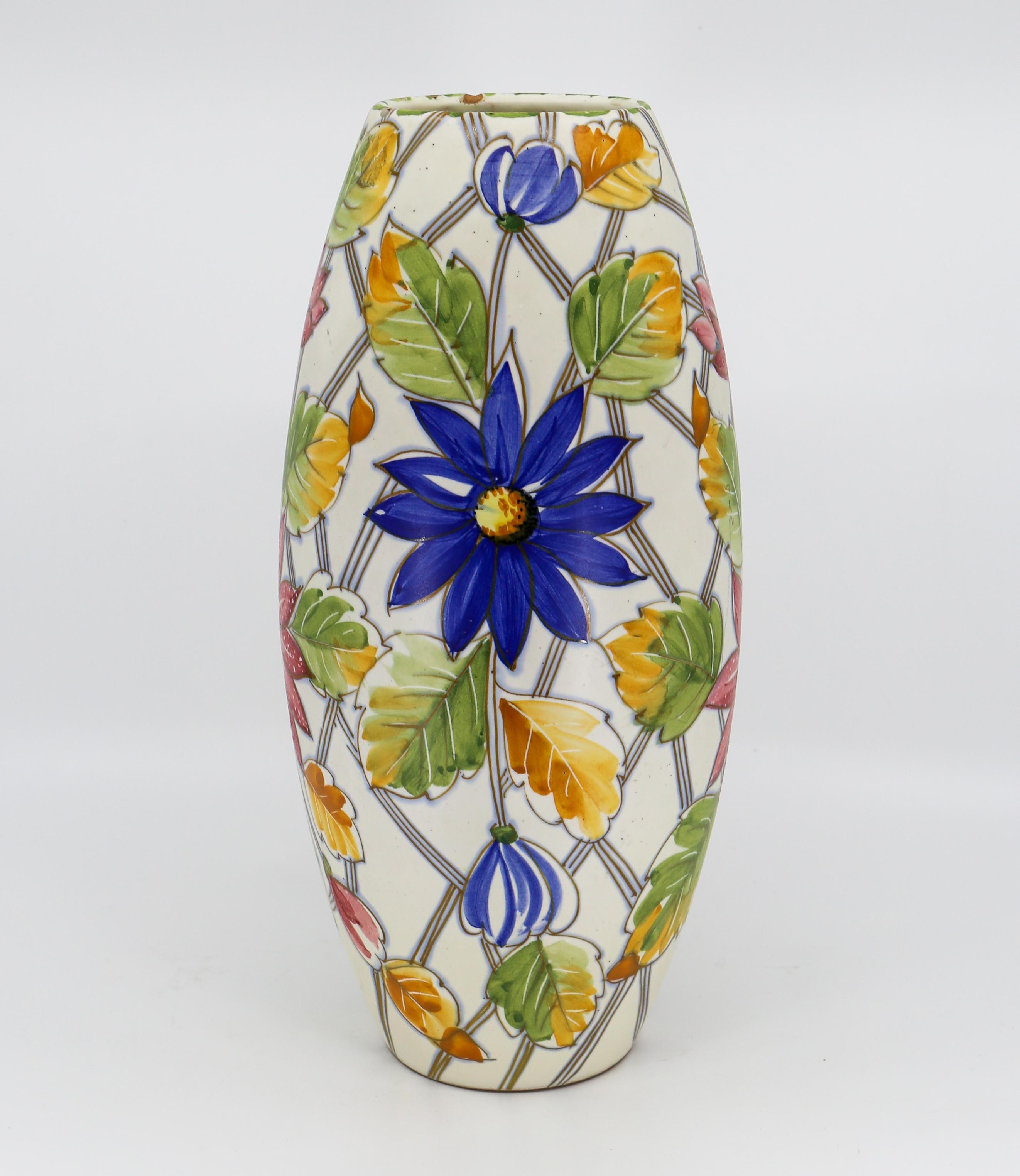 Painted Oval Italian Vase with Floral Motif For Sale