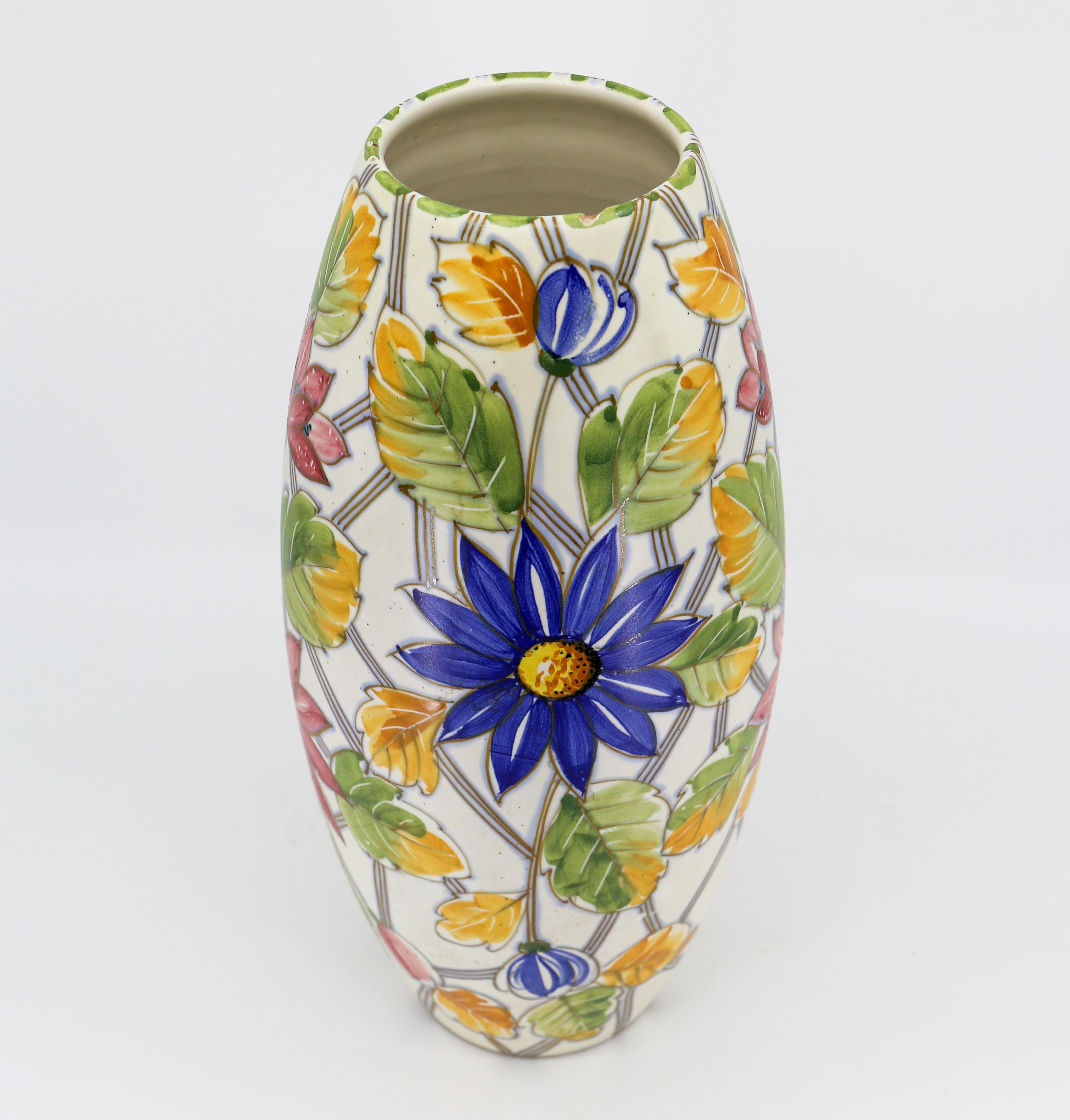 20th Century Oval Italian Vase with Floral Motif For Sale