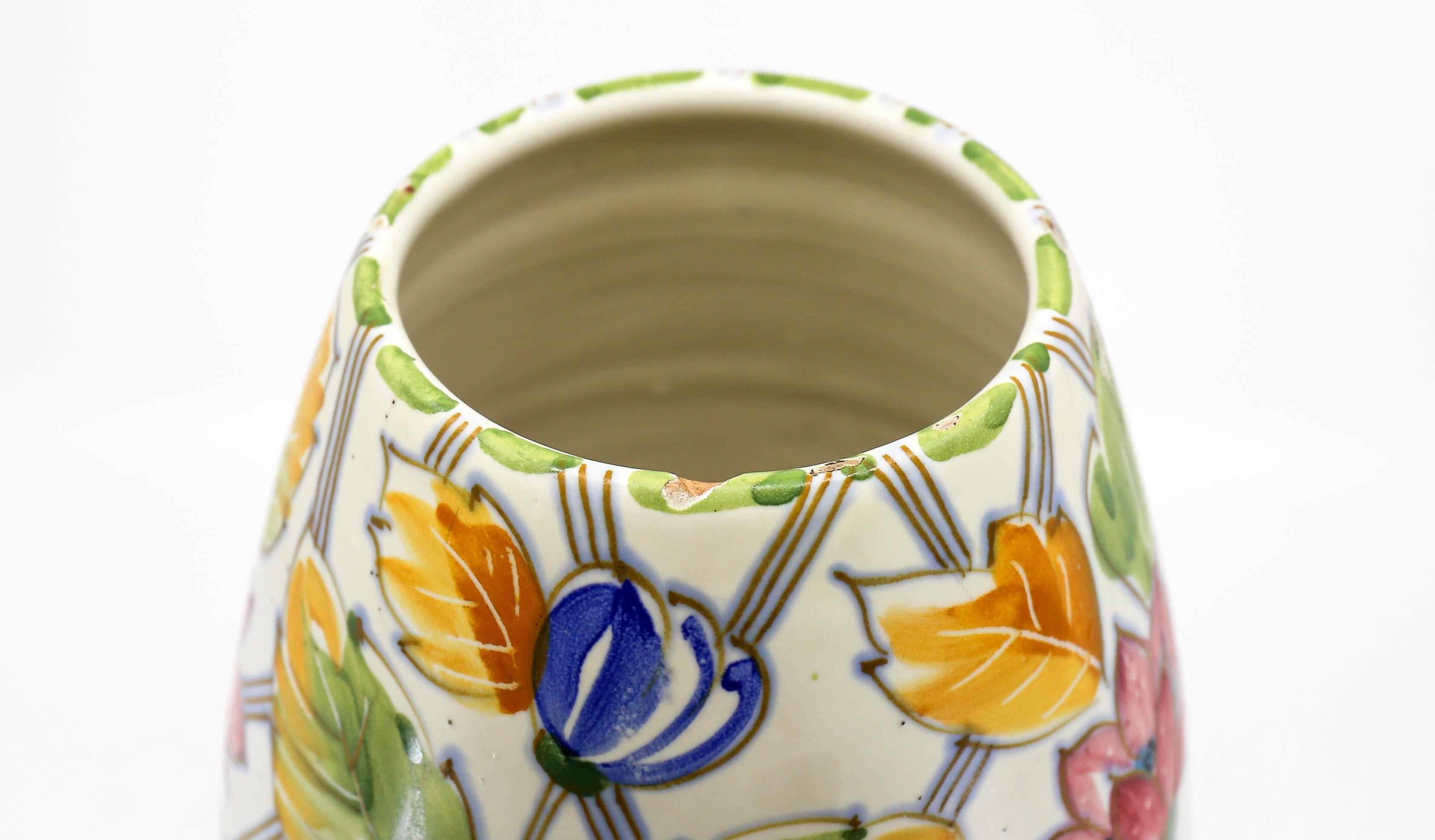 Ceramic Oval Italian Vase with Floral Motif For Sale