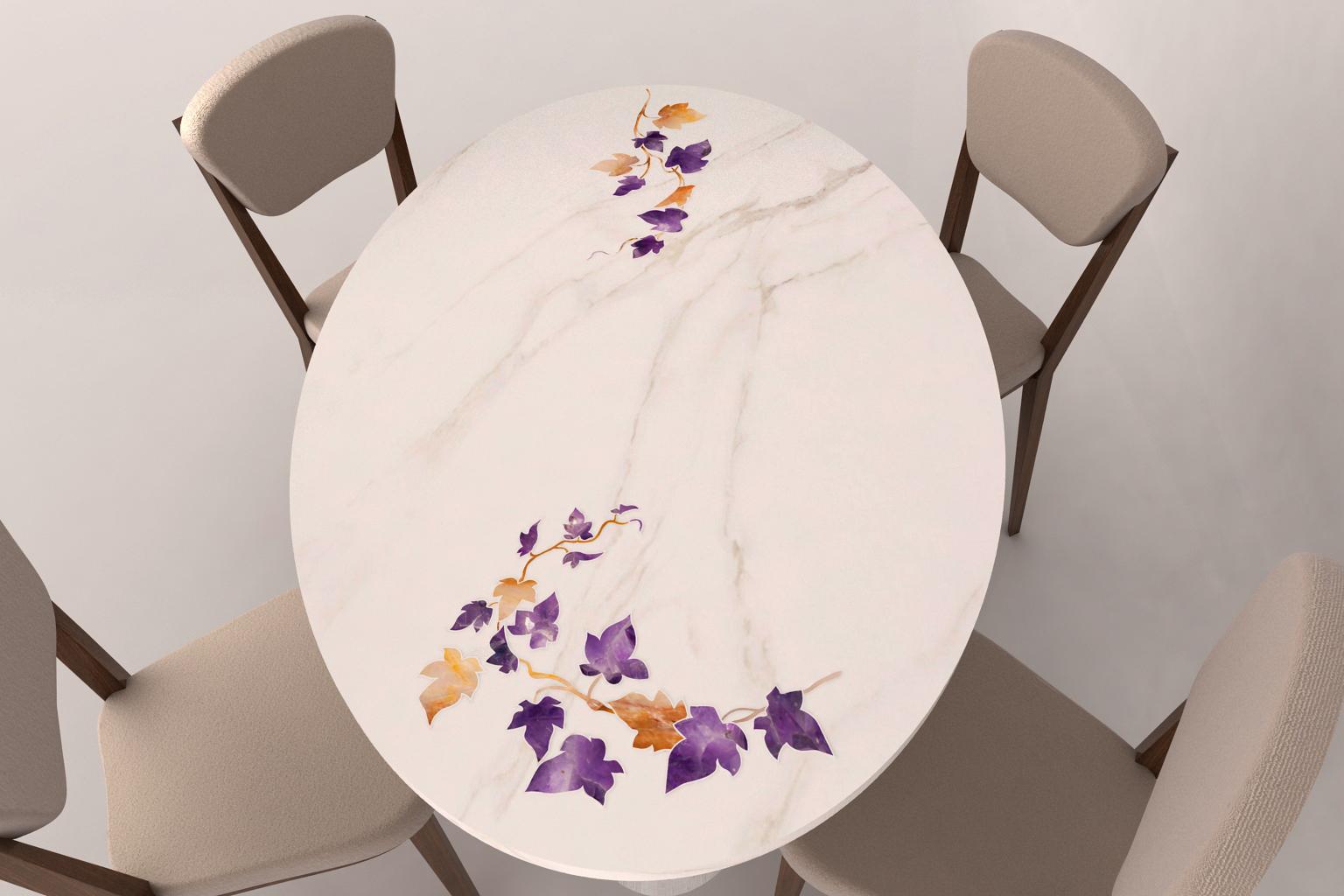 Table de salle à manger ovale en lierre incrustée fabriquée à la main en Inde par Stephanie Odegard en vente 1