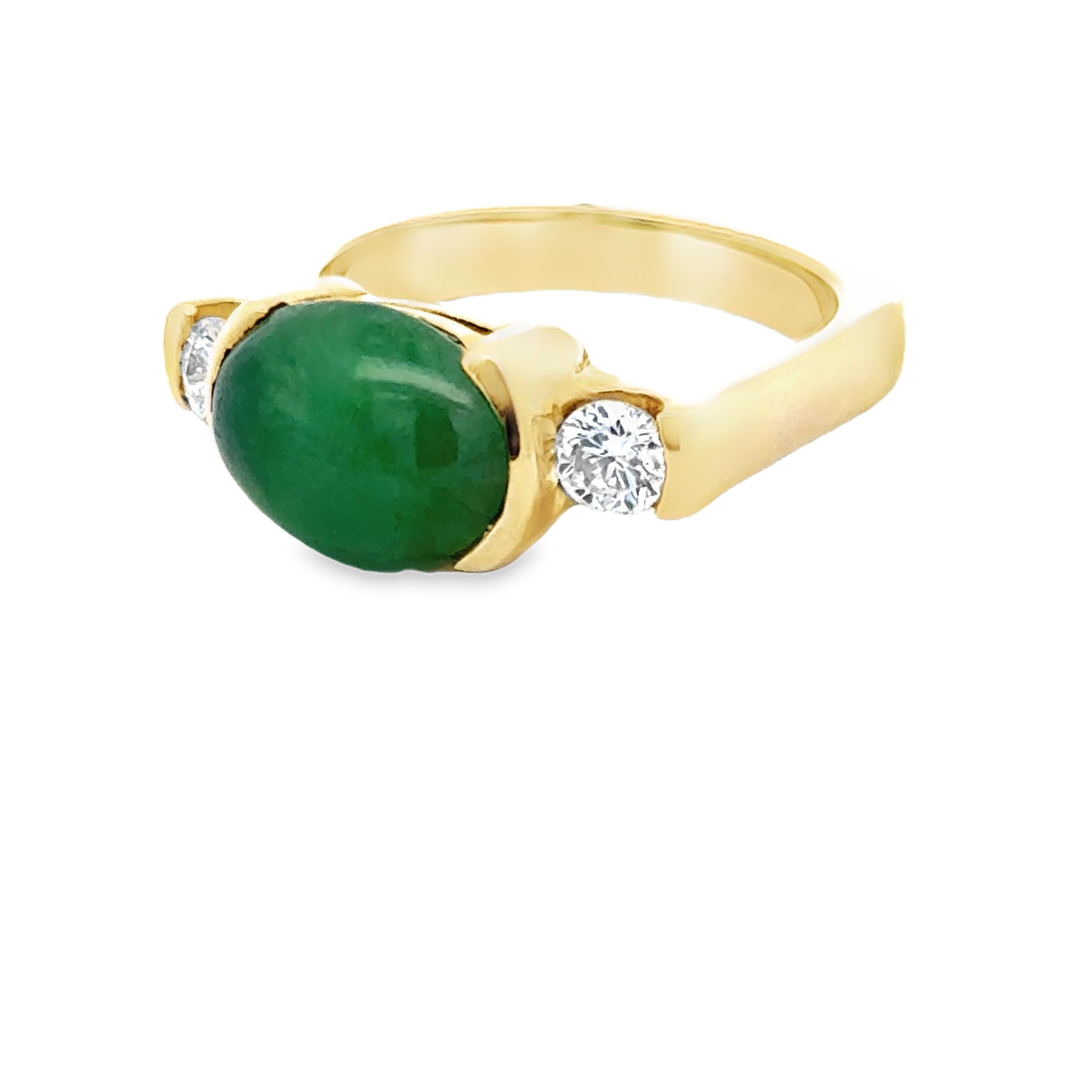 Cabochon Oval Jade, Diamond and 14K Yellow Gold Statement Ring For Sale