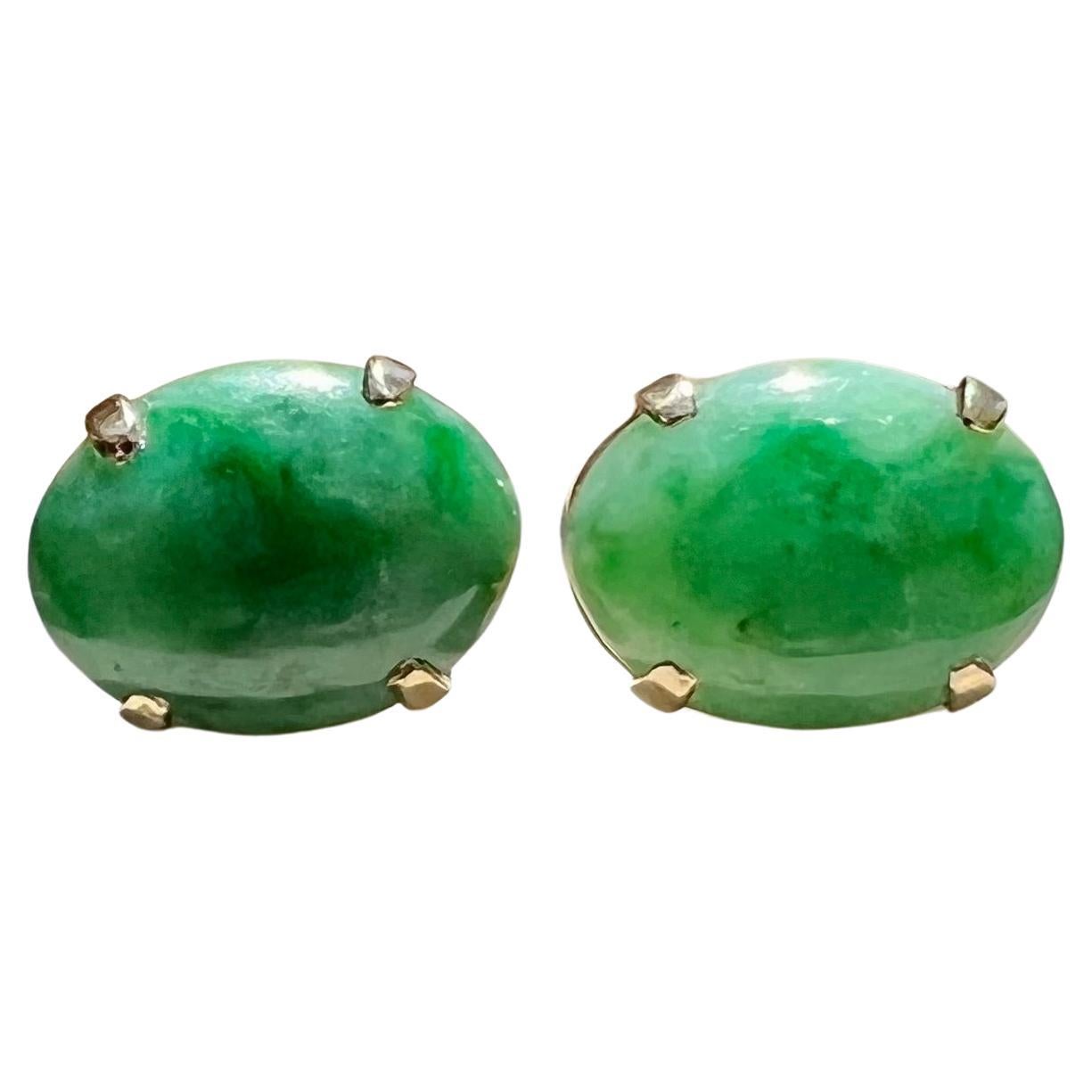 Oval Jade Earrings in 14 Karat Yellow Gold