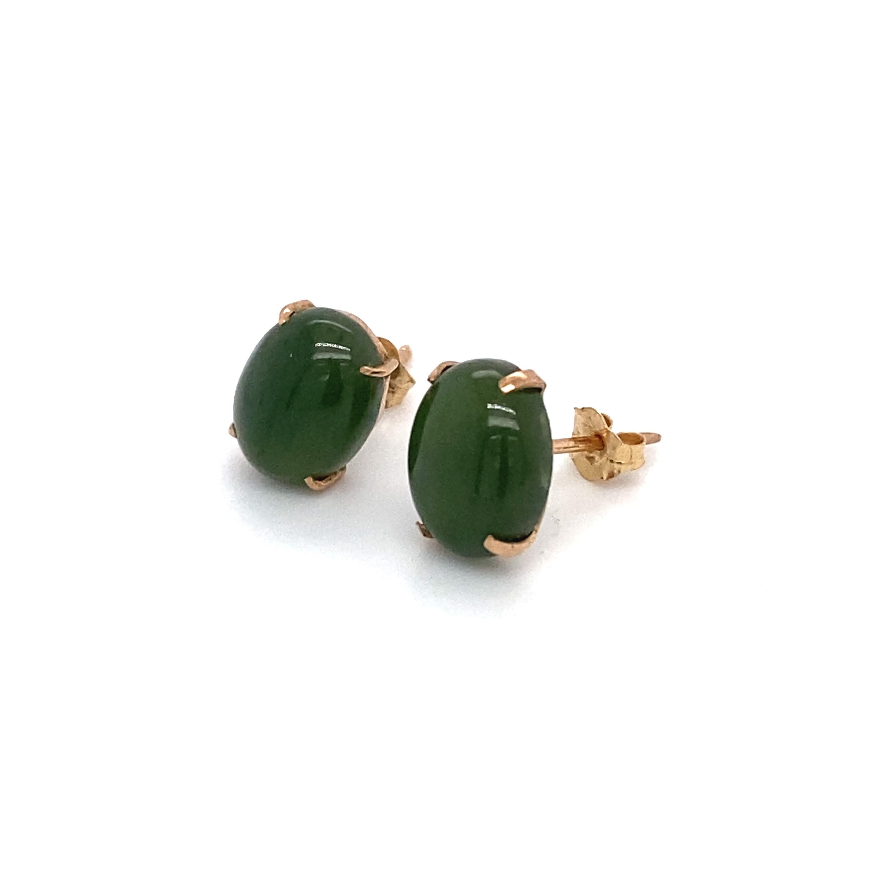 Oval Cut Oval Jade Stud Earrings in 14 Karat Rose Gold For Sale